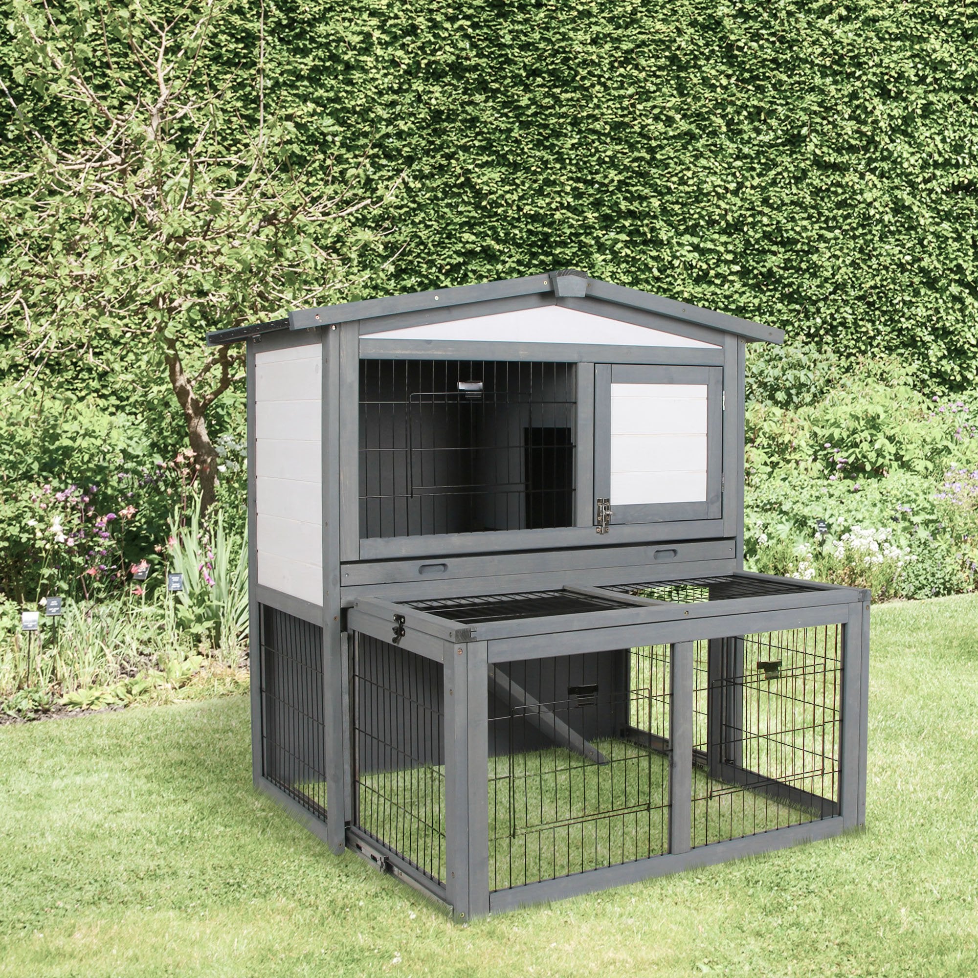 PawHut Rabbits 2-Tier Fur Wood Outdoor Hutch Guinea Pigs Hutches Grey