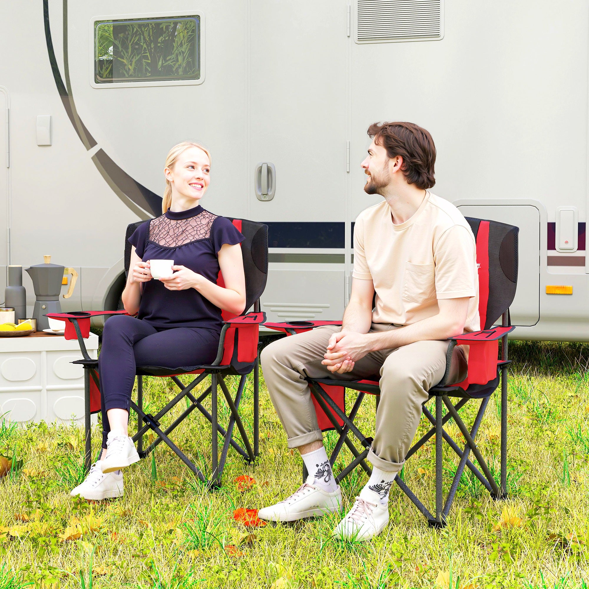 Outsunny Set of 2 Folding Camping Chairs, Padded Camping Chairs with Adjustable Armrests, Portable & Lightweight Folding Camp Chair with Cooler Bag, Cup Holder and Side Pockets, Red