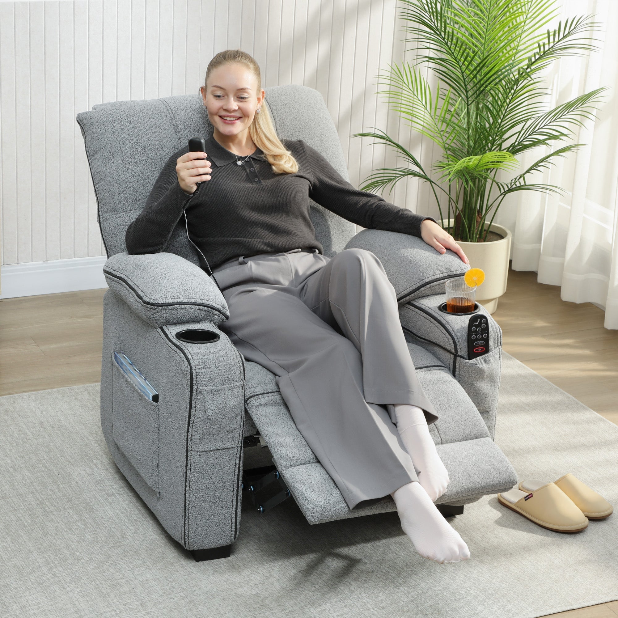 HOMCOM Electric Massage Recliner Armchair with Vibration, Heat, Whisper-Quiet Motor, Memory Function, Velvet Power Reclining Chair with Spring Pack, USB Port, Footrest, Side Pocket, Cup Holders, Grey