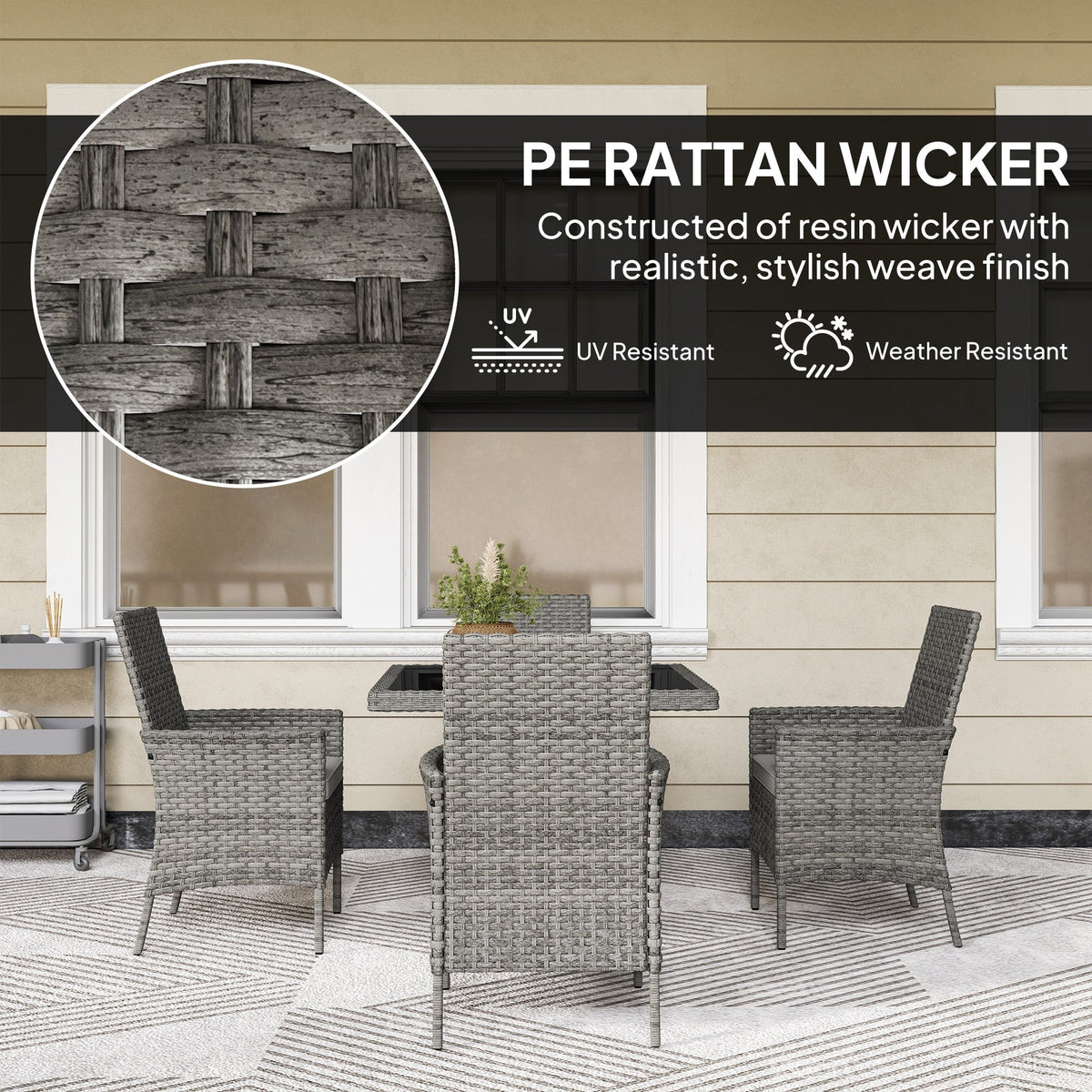 Outsunny Rattan Garden Furniture Set, Outdoor Dining Table and Chairs 4 Seater with Cushions, Square Tempered Glass Top, 4 Armchairs, for Balcony, Terrace, Conservatory, Grey