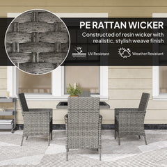 Outsunny Rattan Garden Furniture Set, Outdoor Dining Table and Chairs 4 Seater with Cushions, Square Tempered Glass Top, 4 Armchairs, for Balcony, Terrace, Conservatory, Grey