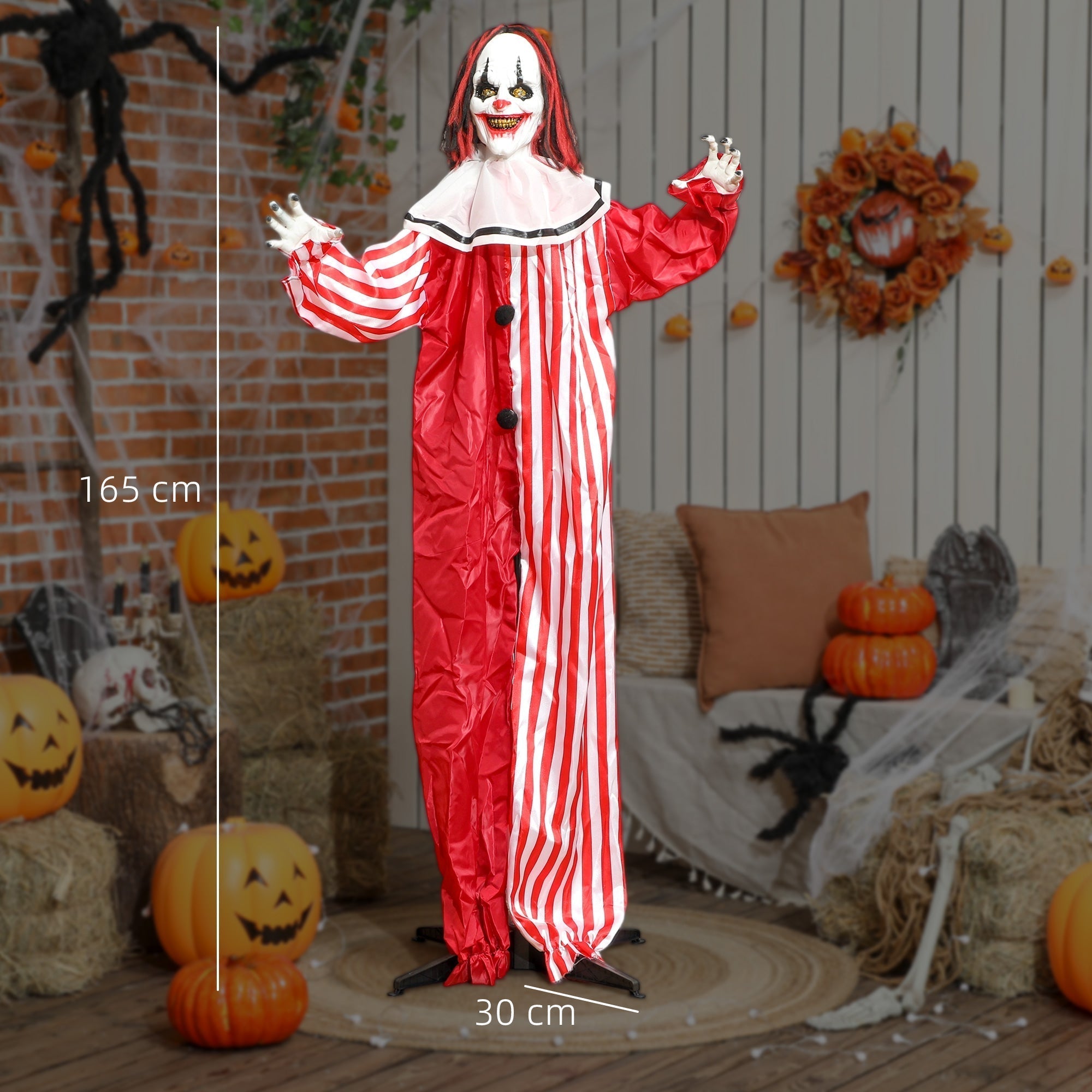 Outsunny 165 cm Life Size Halloween Animated Clown with Red Light Up Eyes, Sound Activated Moving Body, Scary Clown Halloween Decorations, Battery Operated, Indoor Party Props