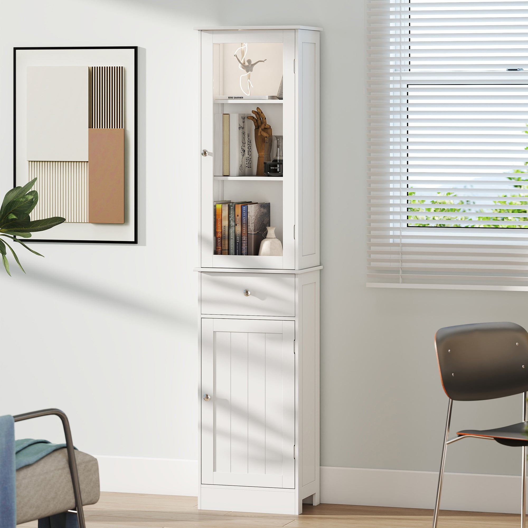 kleankin Bathroom Storage Cabinet with 3-tier Shelf Drawer Door, Floor Cabinet Free Standing Tall Slim Side Organizer Shelves, White