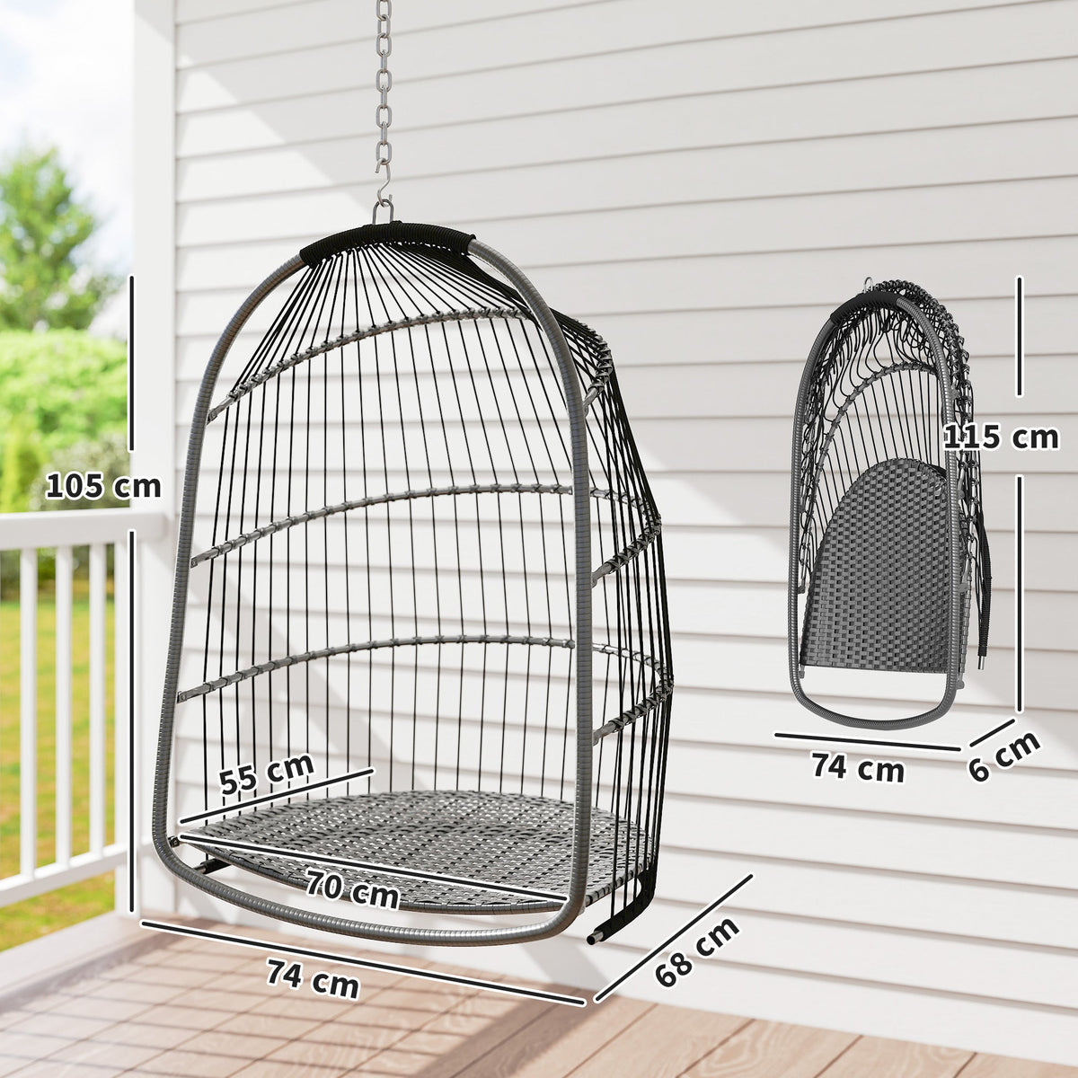 Outsunny Hanging Egg Chair, Foldable Rattan Garden Swing Chair with Installation Kit, Thickened Cushion and Headrest, Indoor Outdoor Hanging Egg Basket Seat for Patio, Porch, Dark Grey