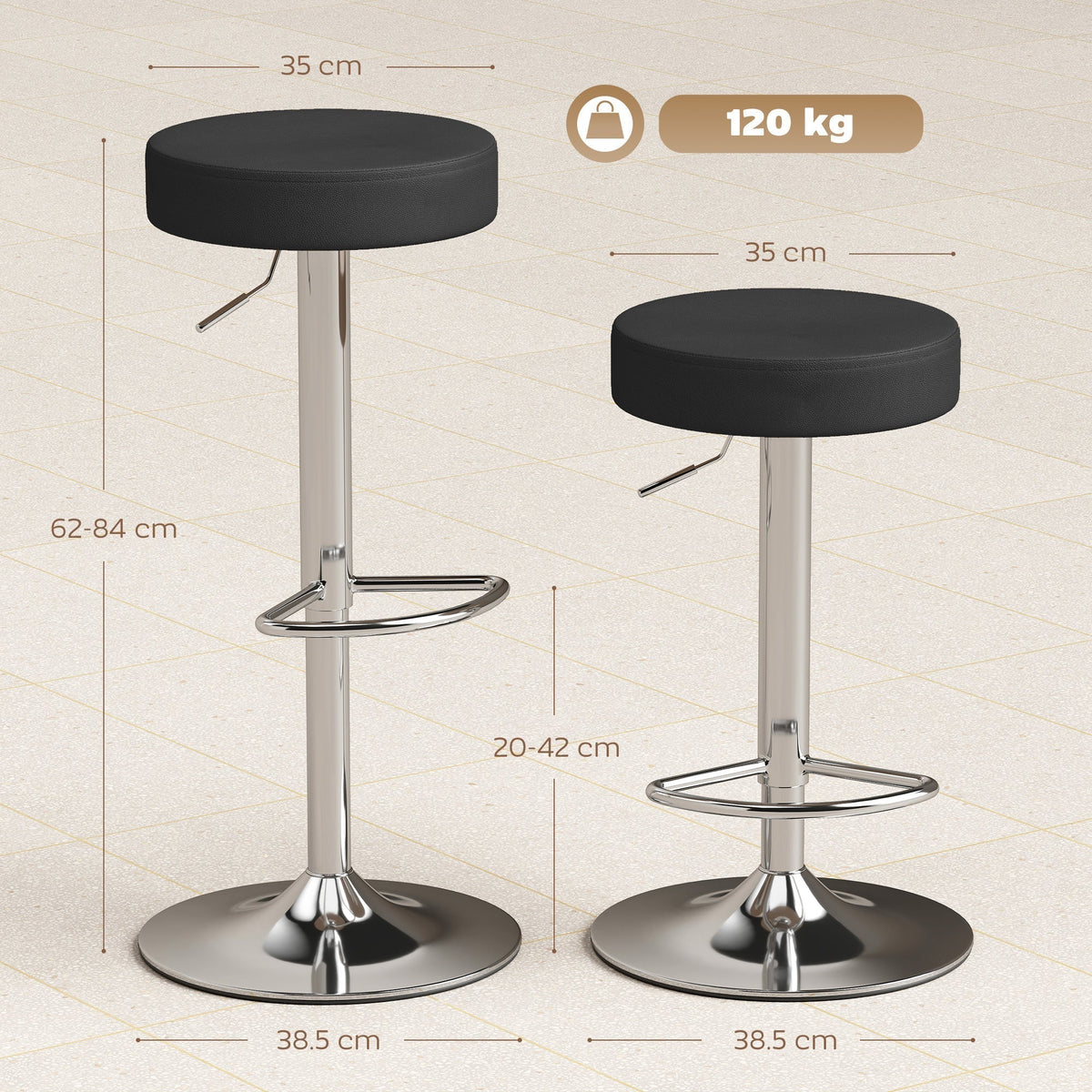 HOMCOM Bar Stools Set of 2, Modern PU Leather Swivel Barstools, Height Adjustable Breakfast Bar Chairs with Footrest, Black