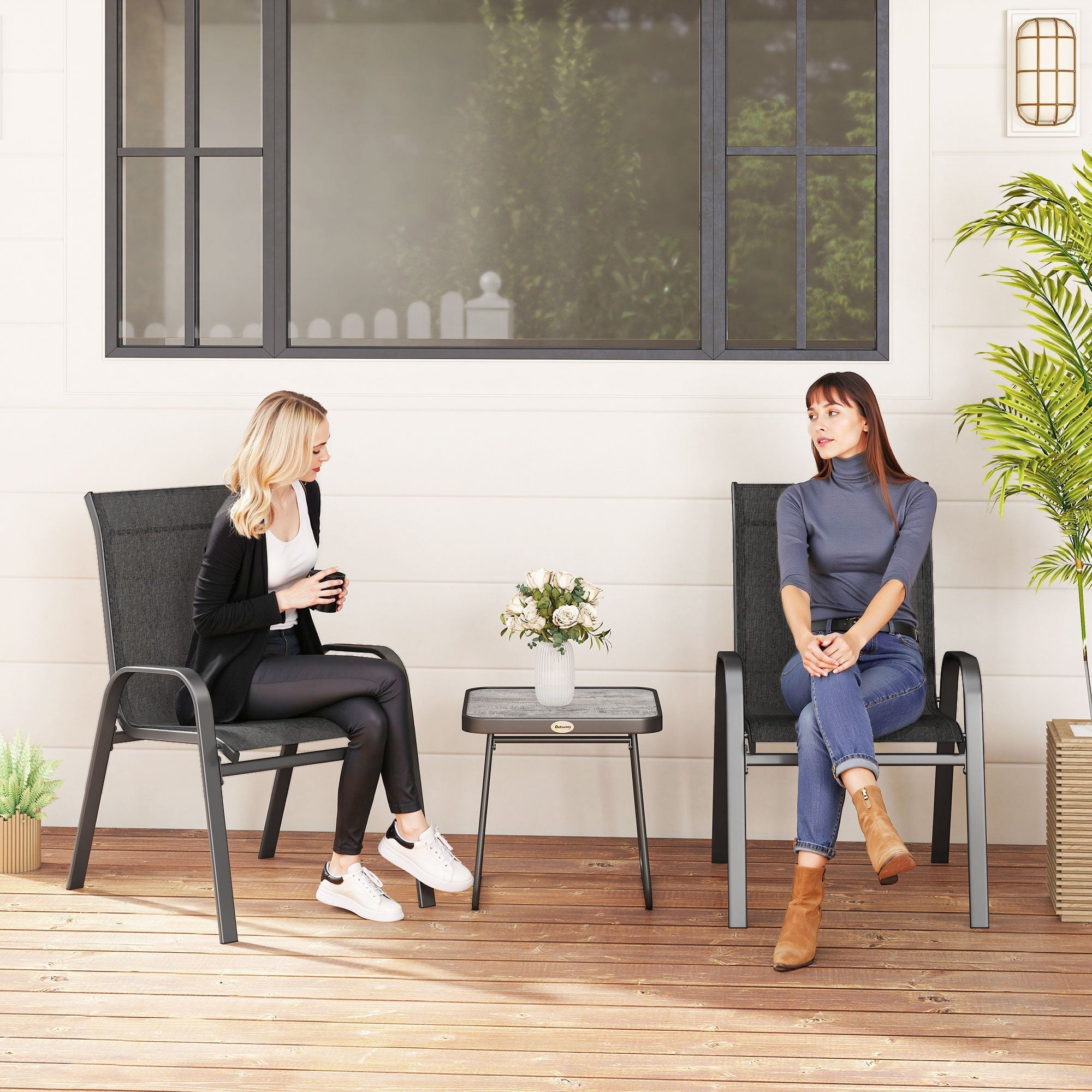 Outsunny 3 Pieces Outdoor Bistro Set, Patio Stackable Armchairs with Breathable Mesh Fabric and SPC Board Coffee Table, Black