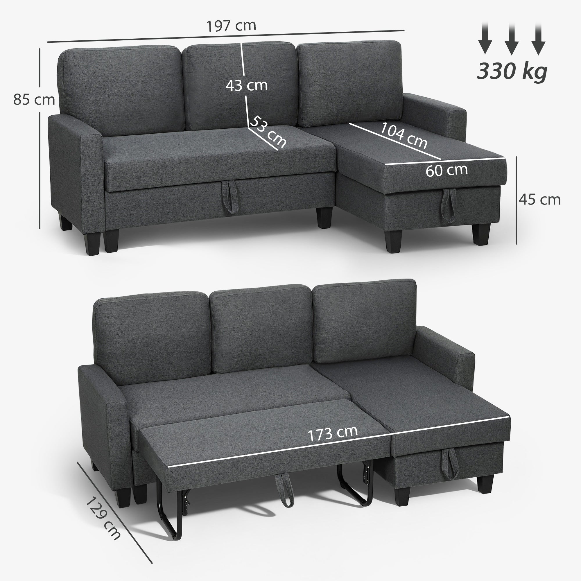 HOMCOM Three-Seater Storage Sofa Bed - Charcoal Grey