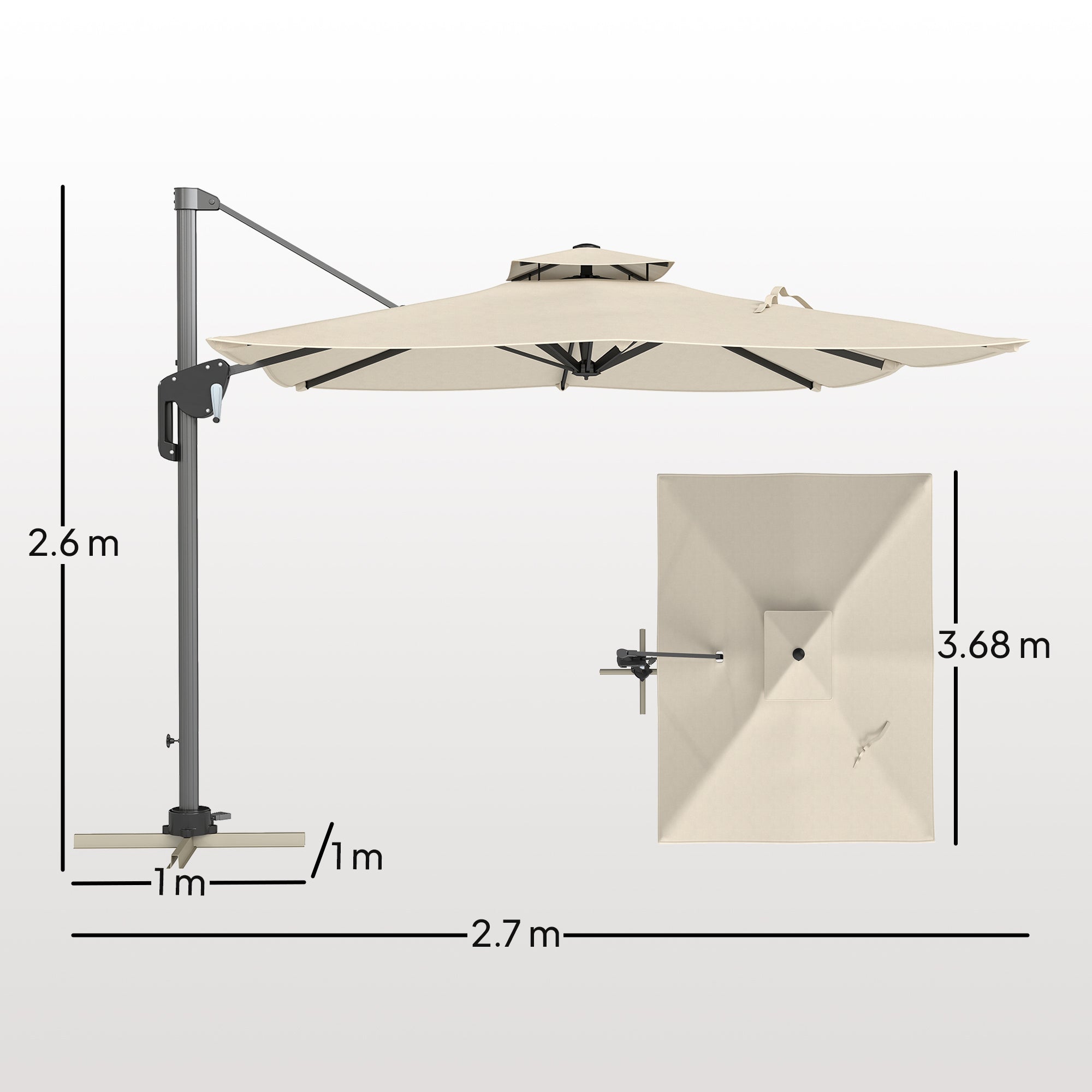 Outsunny 3.7 x 2.7 m Cantilever Parasol w/ 360√Ç¬∞ Rotation and Easy Tilt Adjustment, Aluminium Hanging Offset Outdoor Umbrella w/ Double Top, Cross Base, UPF50+ Hanging Sun Shade, Grey Wood Effect Pole