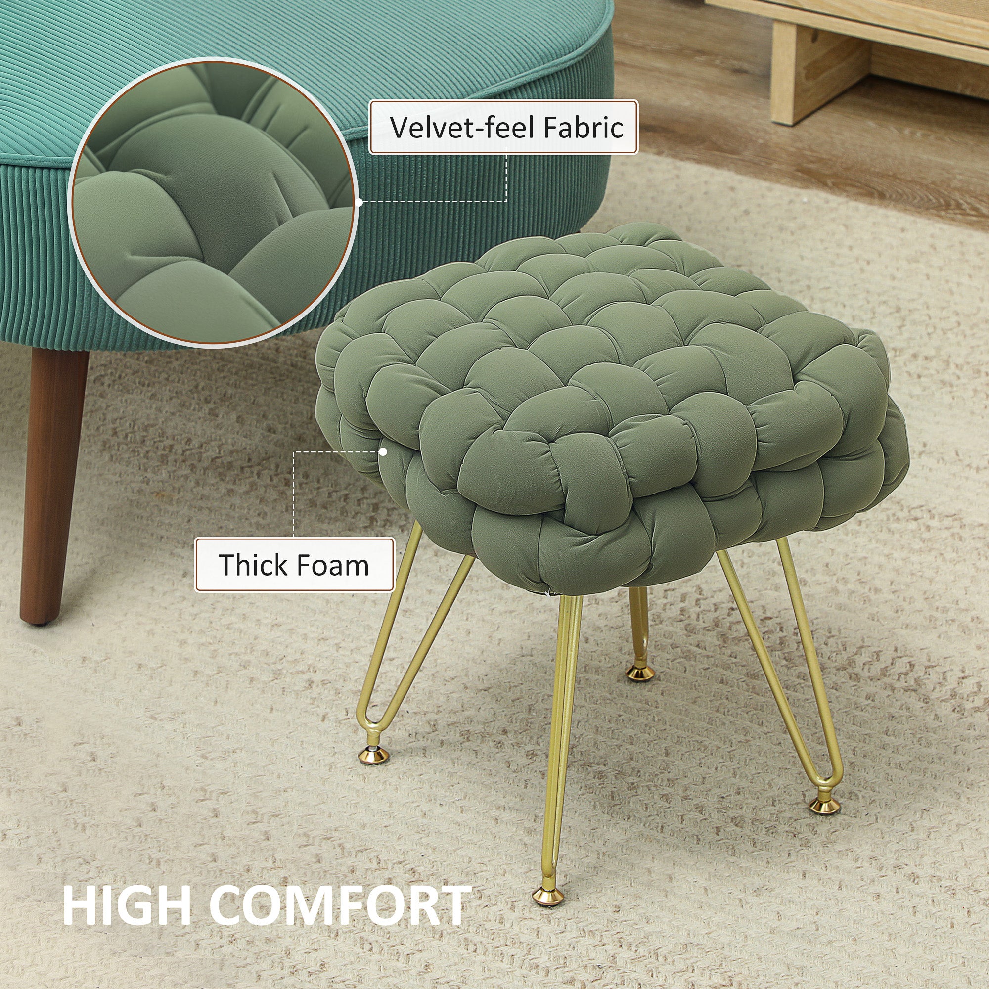 HOMCOM Velvet-Feel Bold Woven Footstool - Green