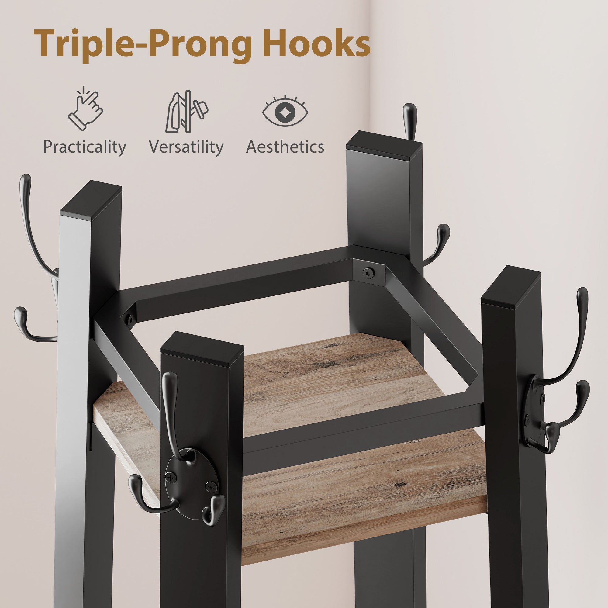 HOMCOM Industrial Coat Stand with 8 Hooks and 4 Shelves - Grey