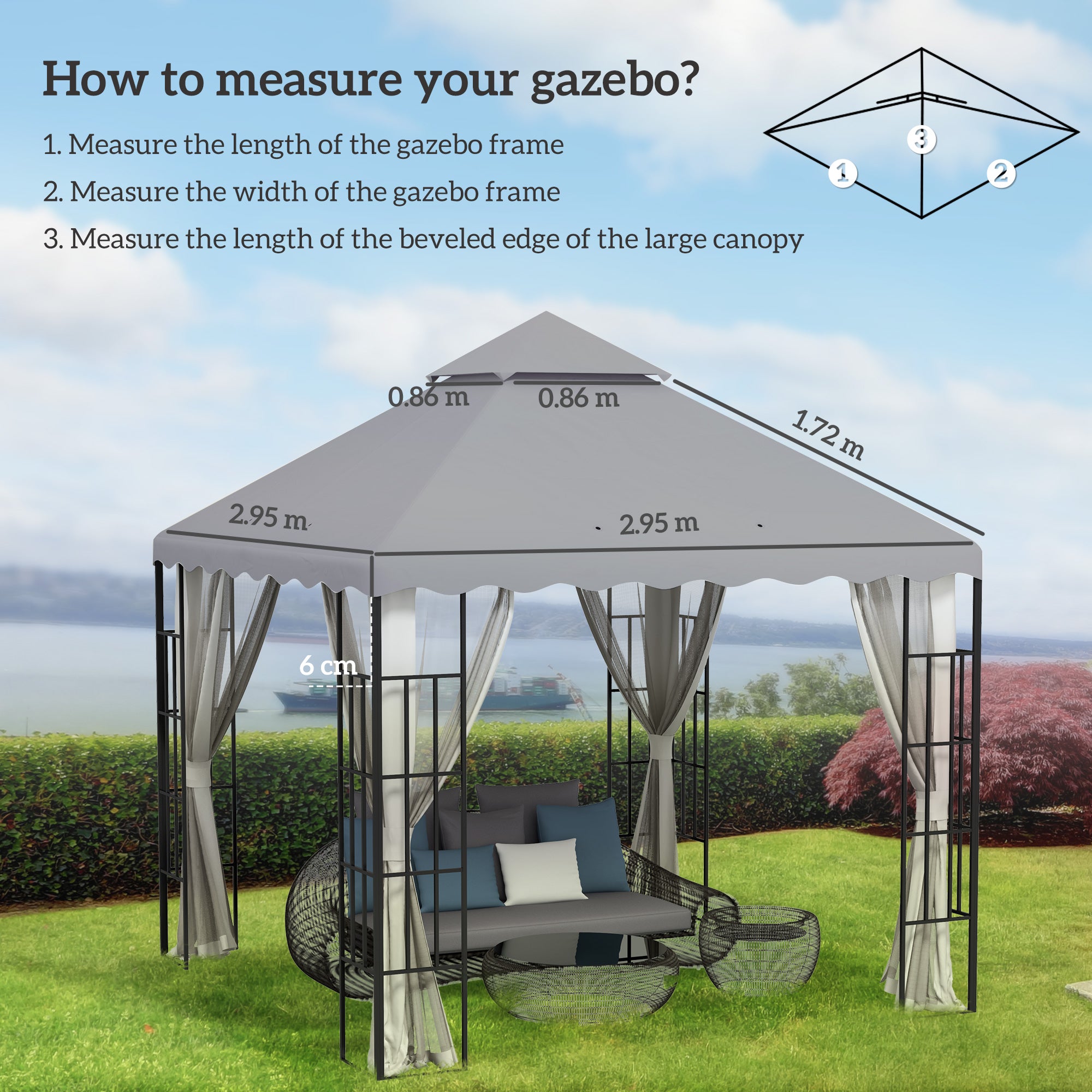 Outsunny 3 x 3 m Gazebo Canopy Replacement Covers, 2 - Tier Gazebo Roof Replacement TOP COVER ONLY, Light Grey