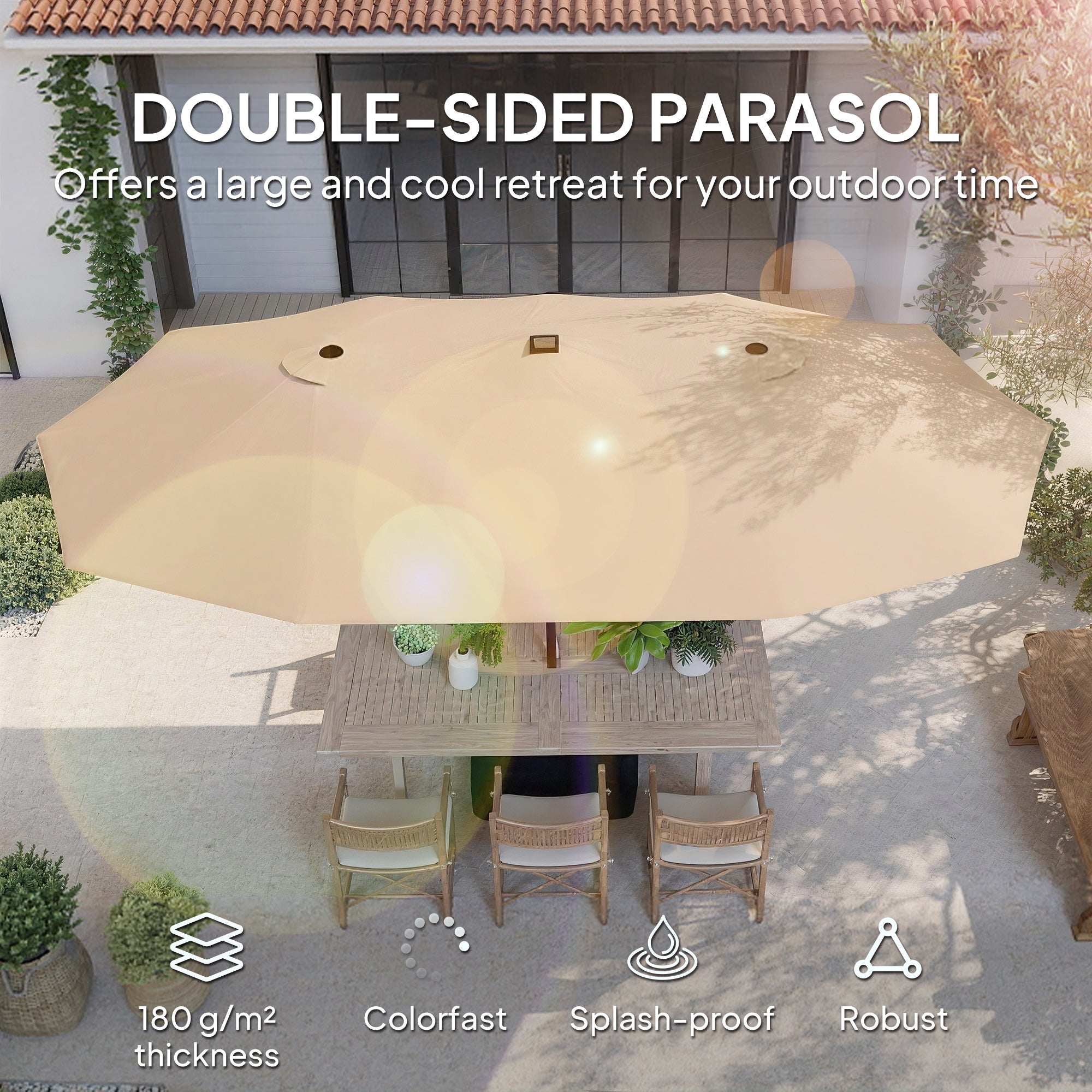 Outsunny Patio Umbrella Double-Sided Outdoor Umbrella with Solar Lights Base, Khaki