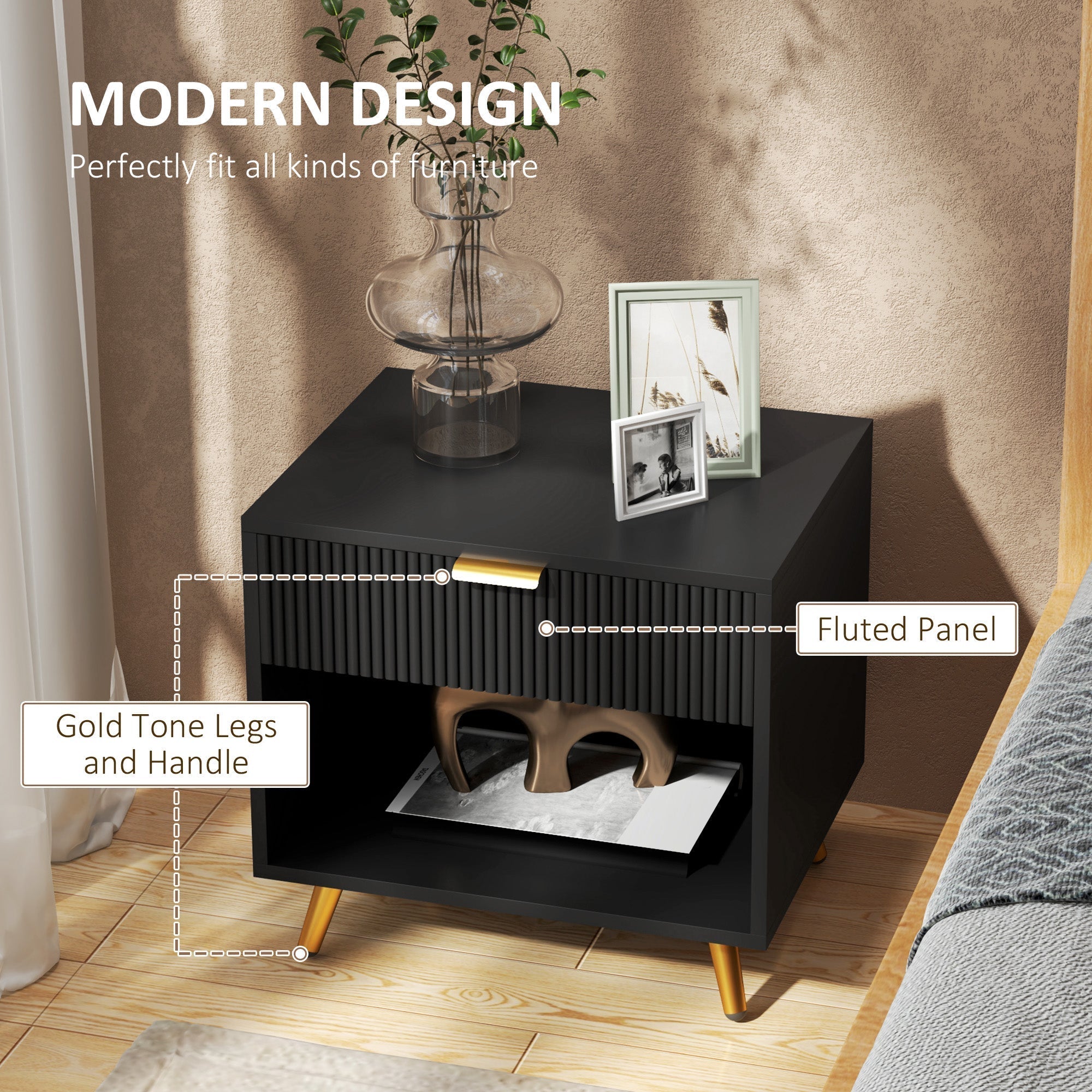 HOMCOM Elegant Bedside Table Set of 2, with Drawer and Shelf - Black/Gold Tone