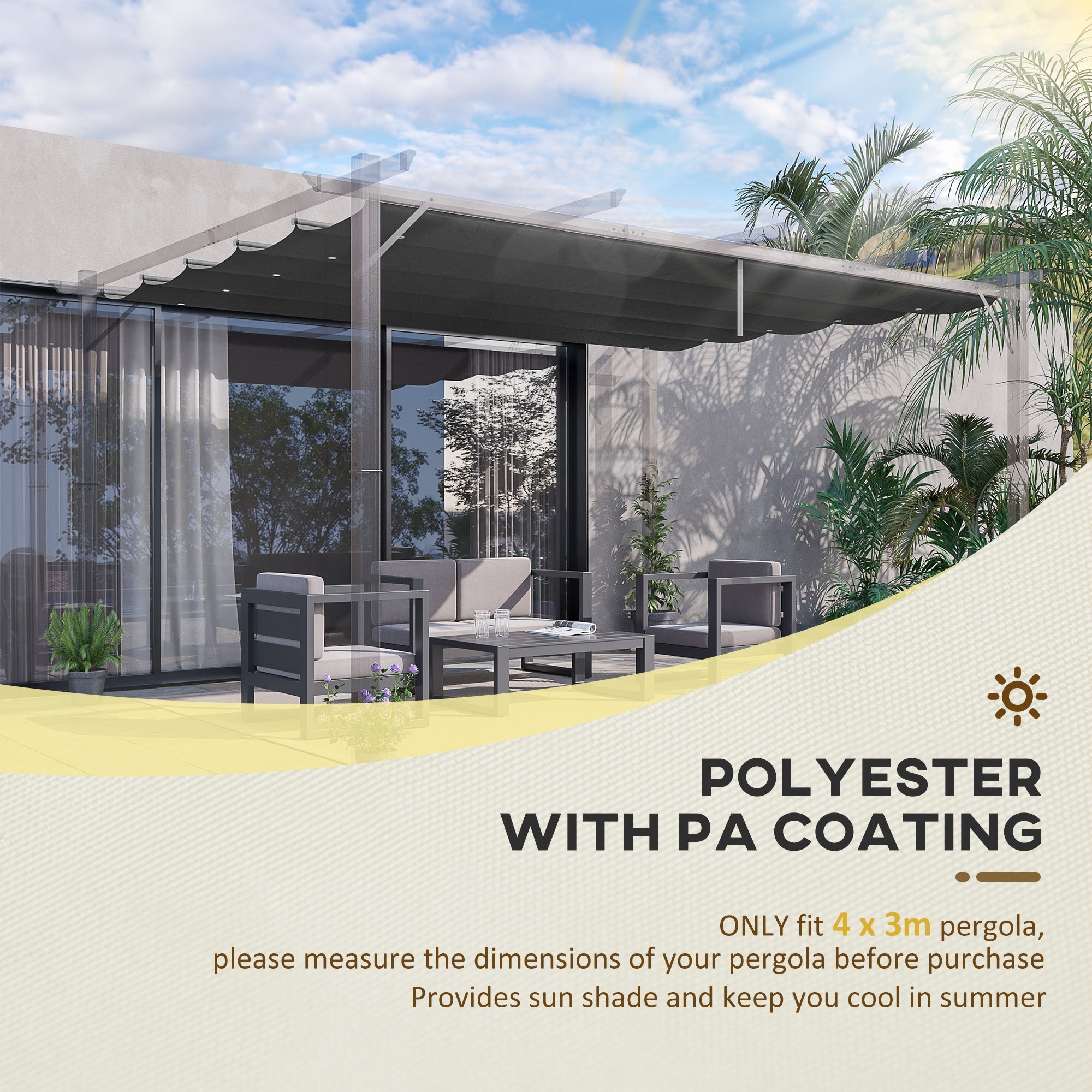 Outsunny Retractable Pergola Cover, 3.5 x 2.6 m Replacement Canopy Fabric for 4 x 3 m Frame, Roof Top Only, Dark Grey