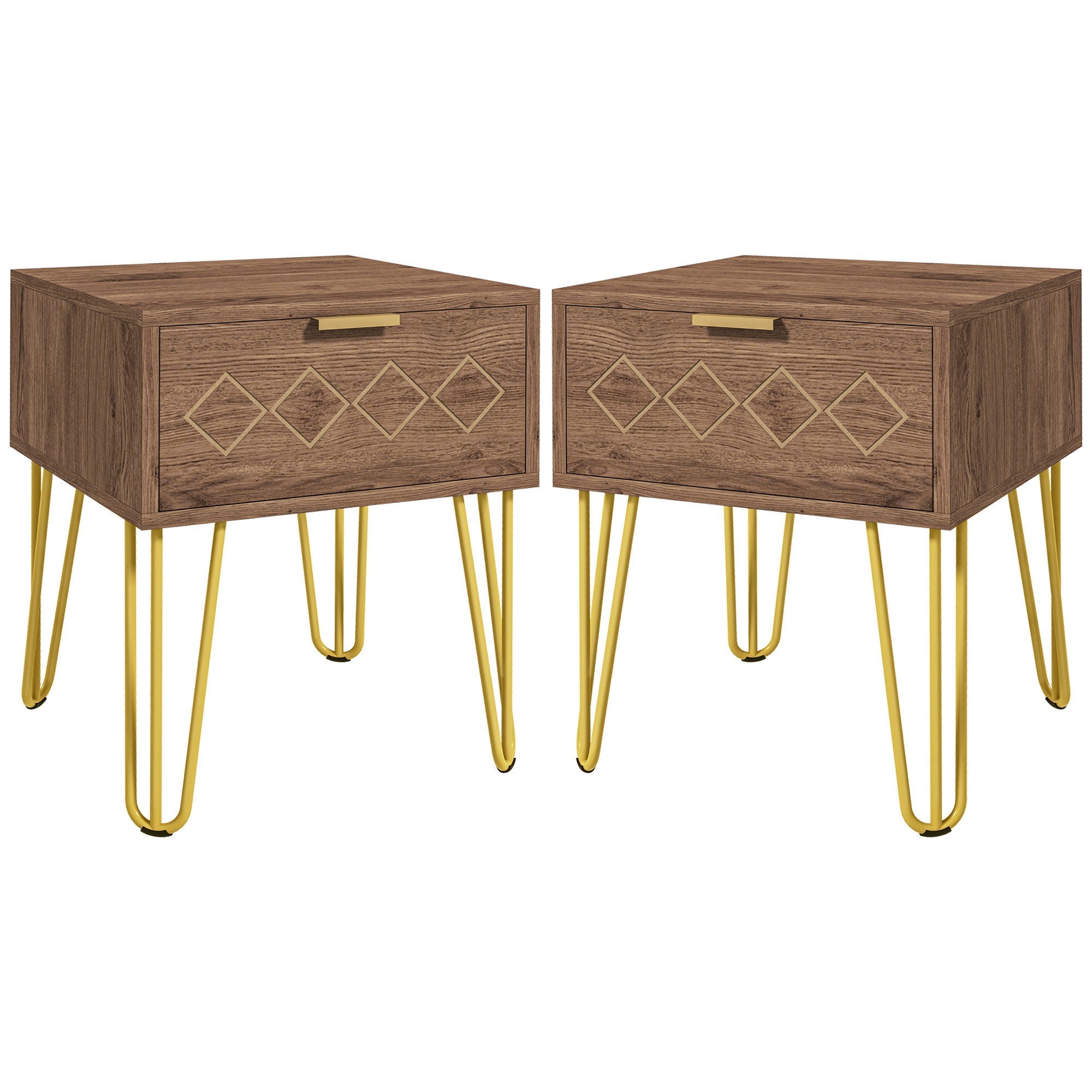 HOMCOM Bedside Table Set of 2 with Drawer, Wooden Nightstand, Modern Sofa Side Table with Gold Tone Metal Legs for Bedroom