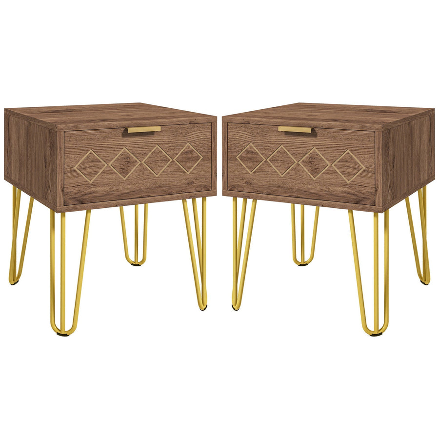 HOMCOM Bedside Table Set of 2 with Drawer, Wooden Nightstand, Modern Sofa Side Table with Gold Tone Metal Legs for Bedroom