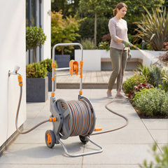 Outsunny Hose Reel Cart with Wheels, 45+2m Garden Hose Reel with 2 Patterns Nozzle, Faucet Adaptors and Rewind Handle, Orange