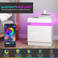HOMCOM White Bedside Table with LED Light, High Gloss Front Nightstand with 2 Drawers, for Living Room, Bedroom, Set of 2
