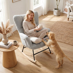 HOMCOM Rocking Chair, Teddy Fleece Rocker Chair with Tufted Wingback, Side Pockets, Rubber Wood Legs, Light Grey