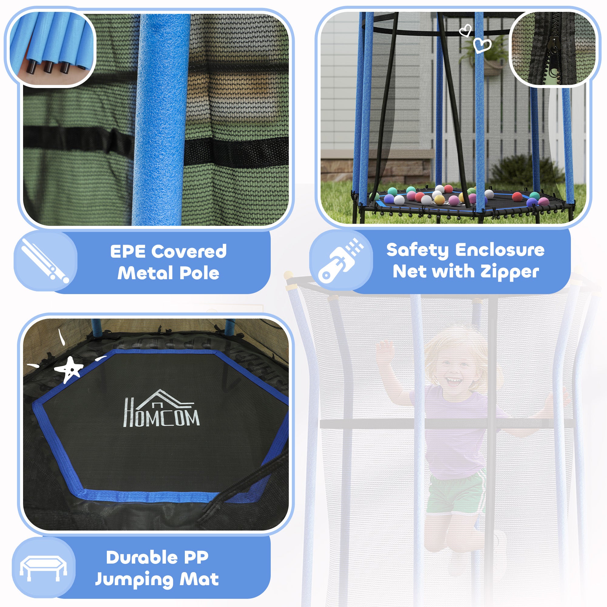 HOMCOM Kids Trampoline Mini Bouncer with Enclosure Safety Net For Ages 3-10 Years - Blue