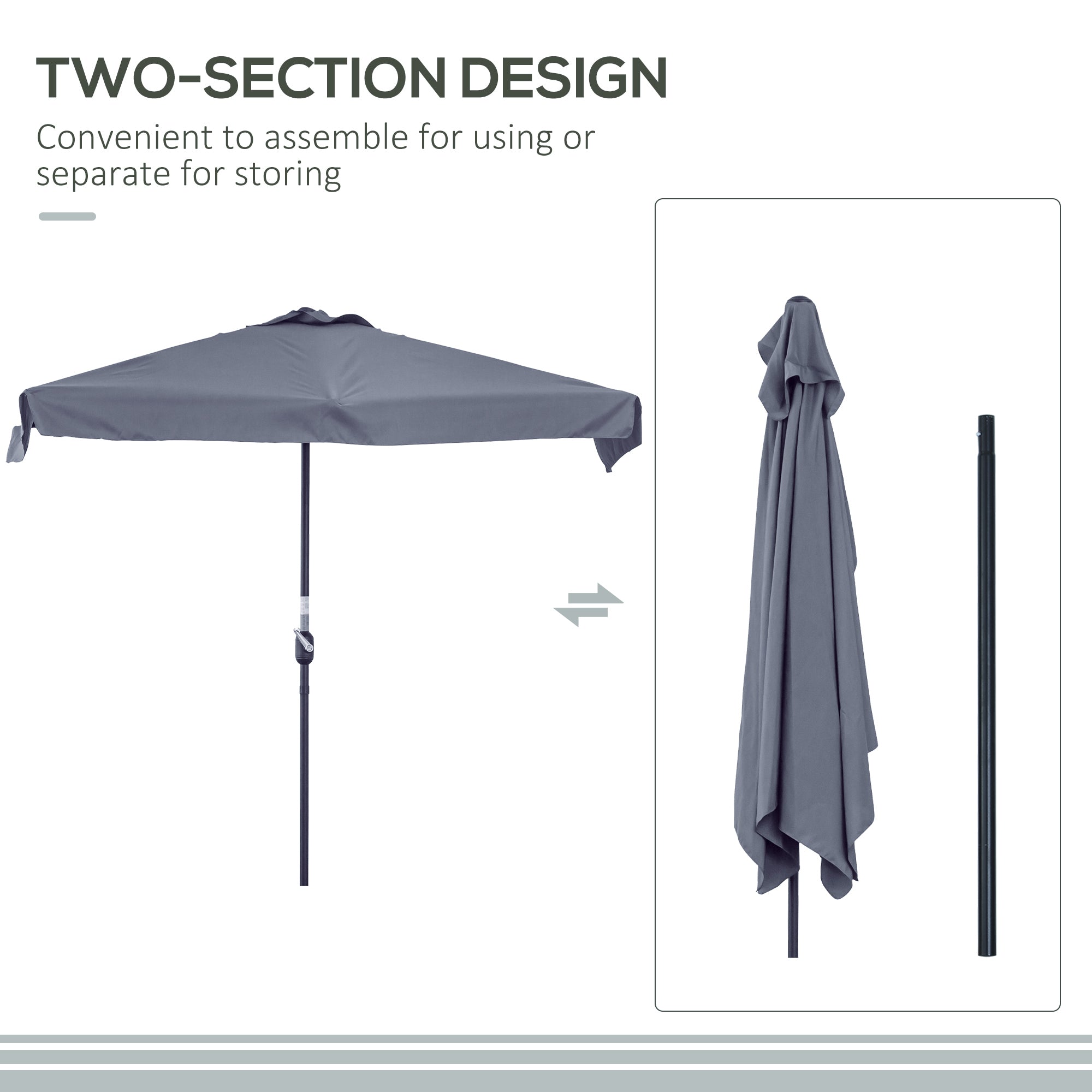 Outsunny 2.3m Half Parasol Semi Round Umbrella Patio Metal Frame Crank Handle for Balcony-- NO BASE INCLUDED, Grey