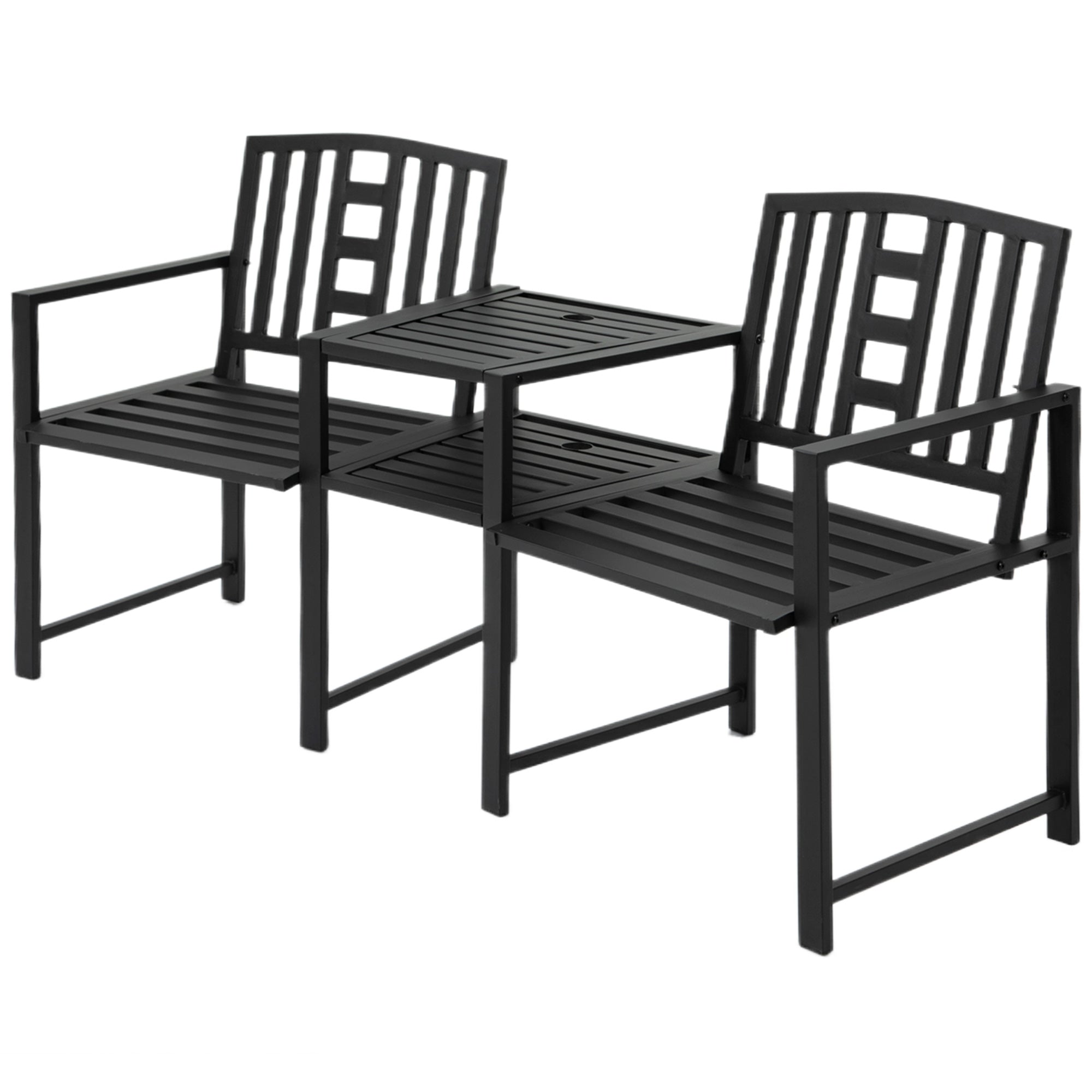 Outsunny 2 Seat Garden Chair Bench Loveseats Jack and Jill Seat w/Coffee Table Slatted Design Patio Yard