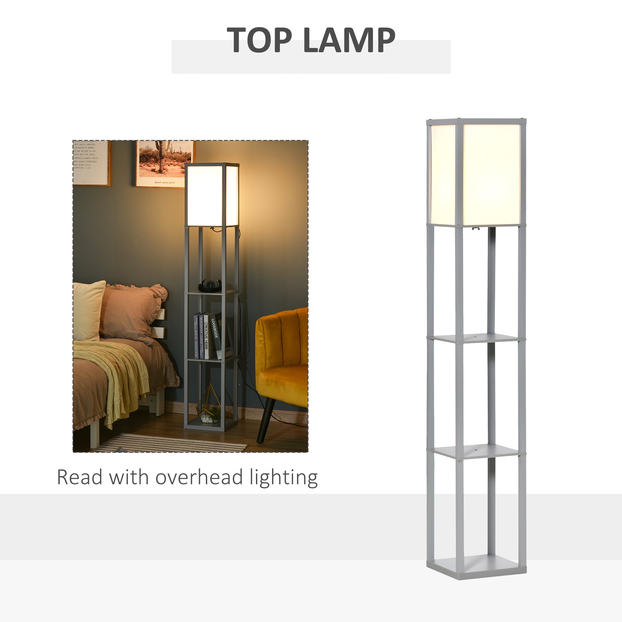 HOMCOM 3-Tier Floor Lamp, Floor Light with Storage Shelf, Reading Standing Lamp with Acrylic Shade for Living Room, Bedroom, Kitchen, Dining Room, Office, Dorm, 160cm, Grey