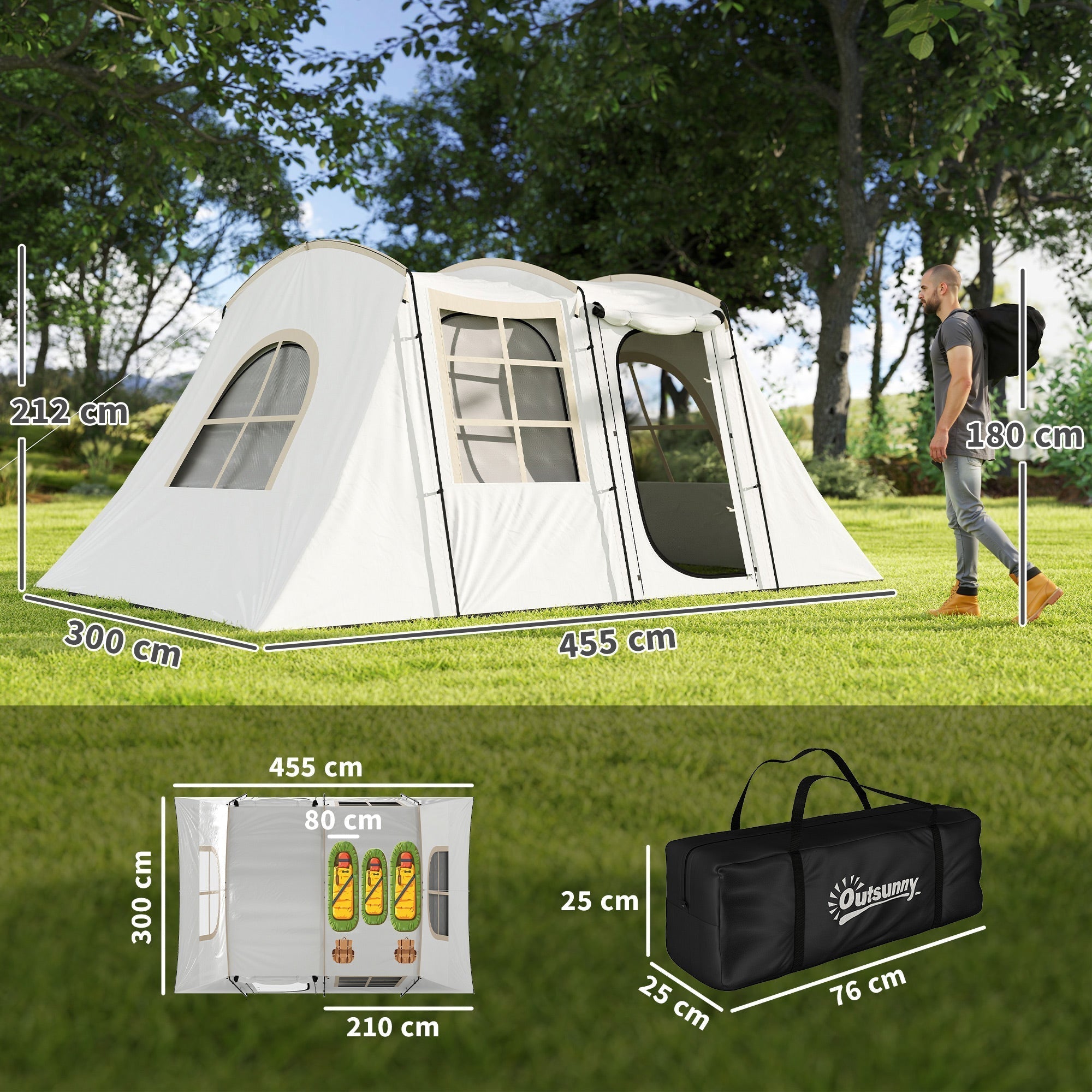 Outsunny 4 Man Tunnel Tent, Family Camping Tent with Porch, Bedroom and Living Area, Sewn in Groundsheet, 3000mm Waterproof, Portable with Bag for Hiking, Festival, Backpacking, Khaki