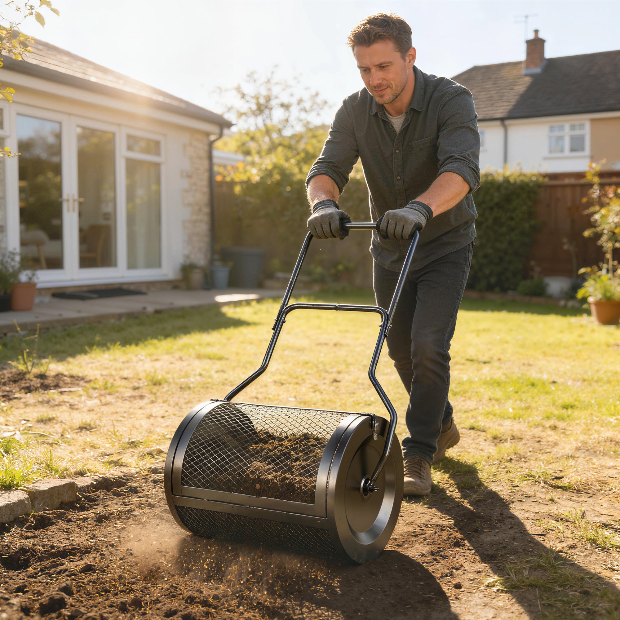 Outsunny Compost Spreader, 20" Peat Moss Spreader with Detachable U-Shaped Handle and Metal Mesh Basket