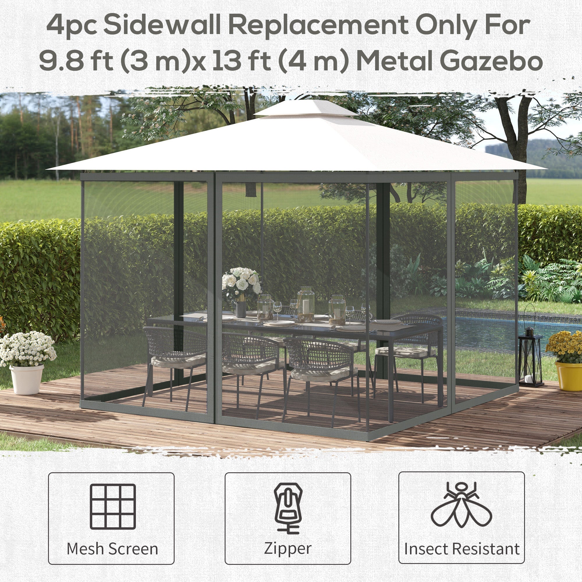 Outsunny 352 x 207cm Universal Replacement Mesh Sidewall Netting for Patio Gazebos and Canopy Tents, (Sidewall Only) Dark Grey