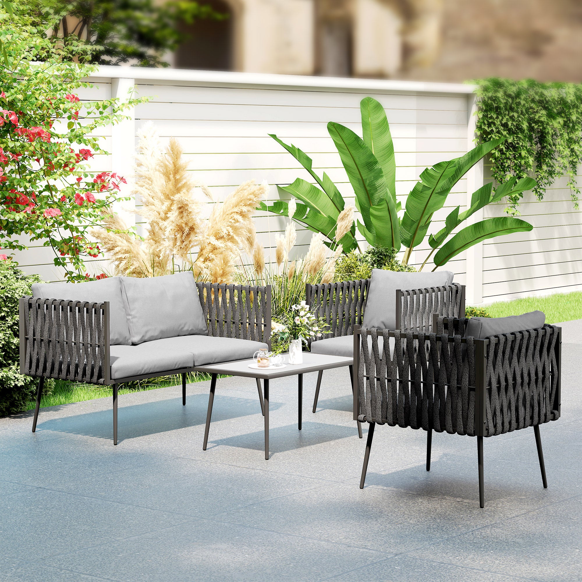 Outsunny 4-Piece Garden Furniture Set with Cushions - Light Grey