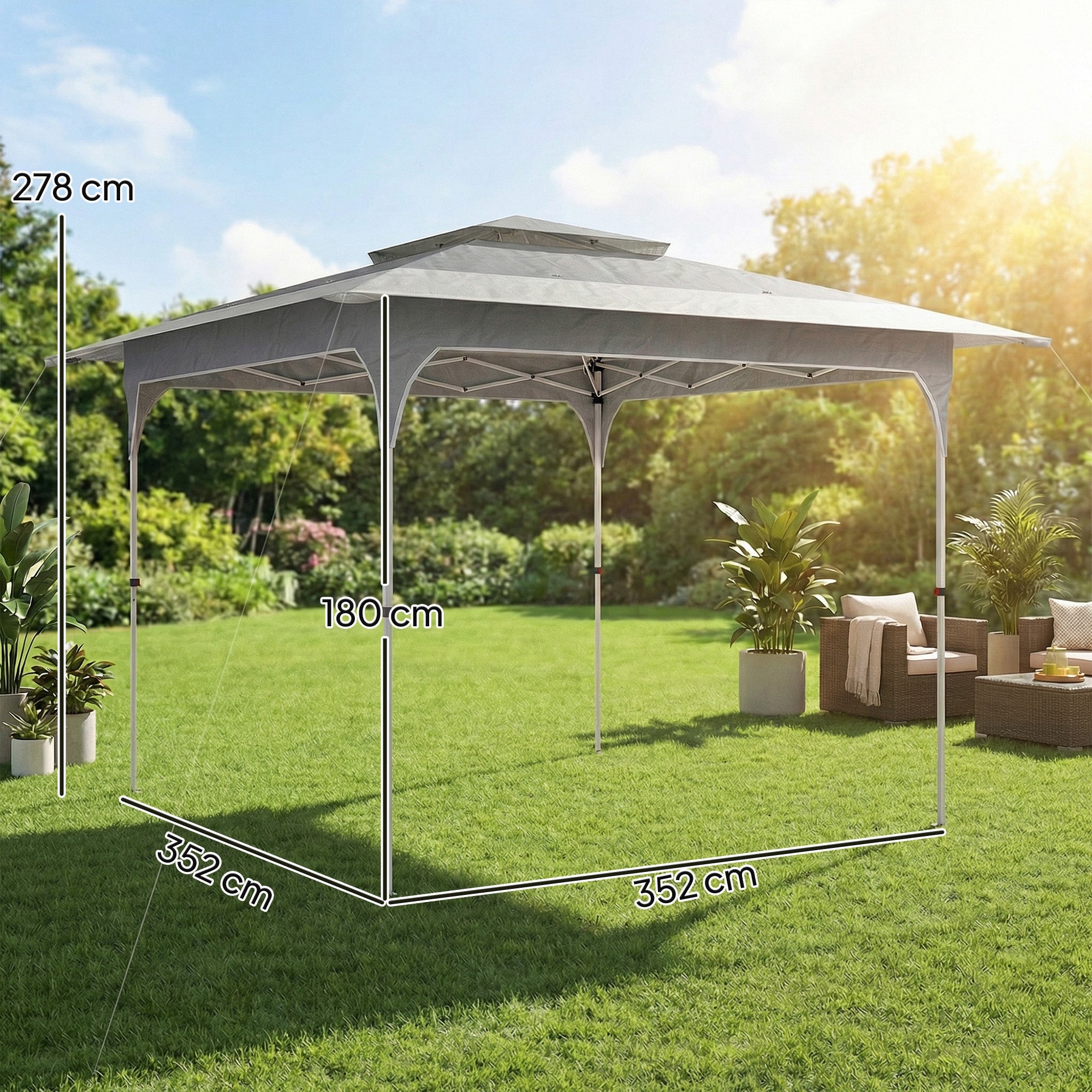 Outsunny 3.5 x 3.5 m Pop Up Gazebo with One-Push Setup, UPF50+ Double Tier Garden Party Tent Marquee with Carry Bag, Dark Grey