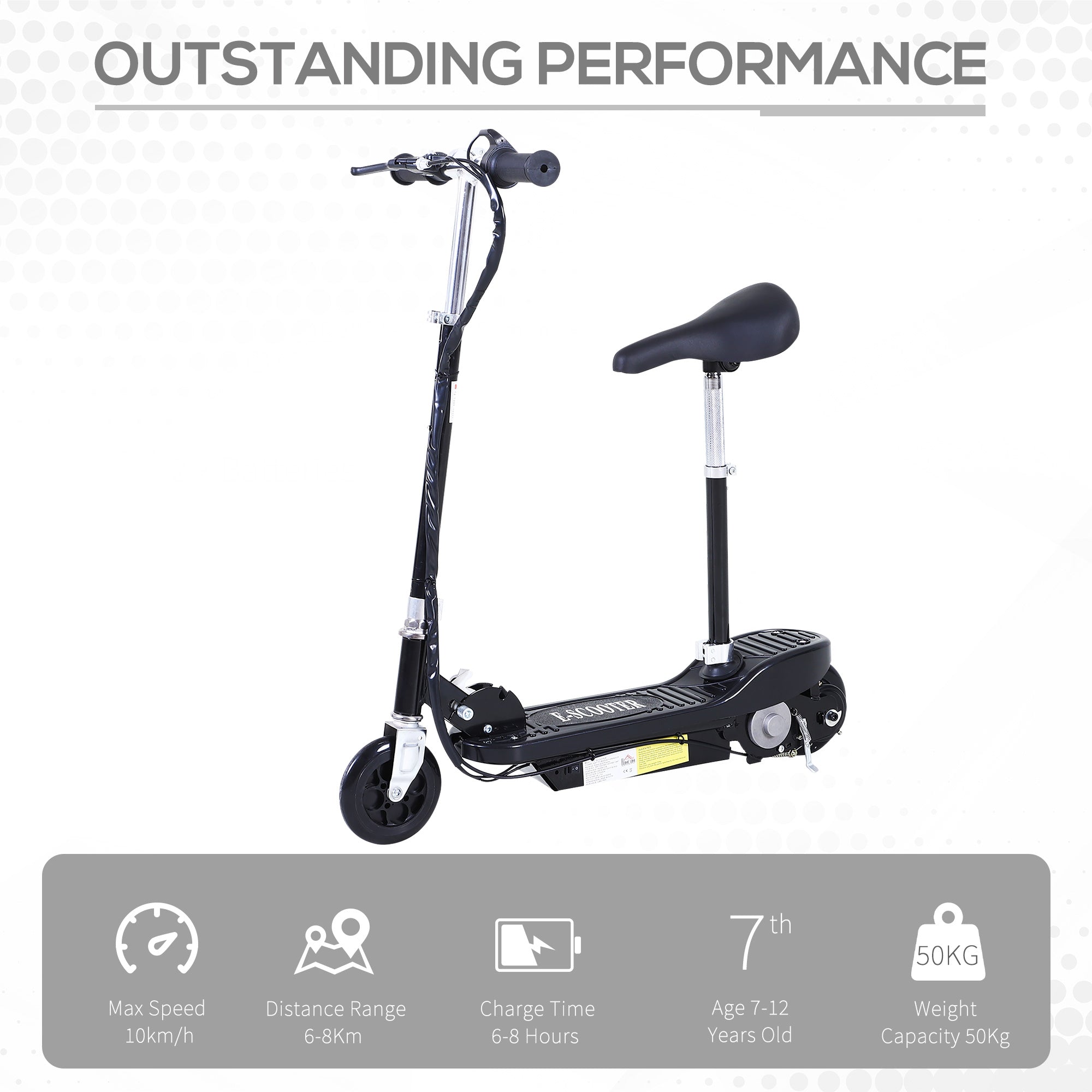 HOMCOM Powered E-Scooter Ride-On, with Brakes, Adjustable Seat, Adjustable Handlebars, Black