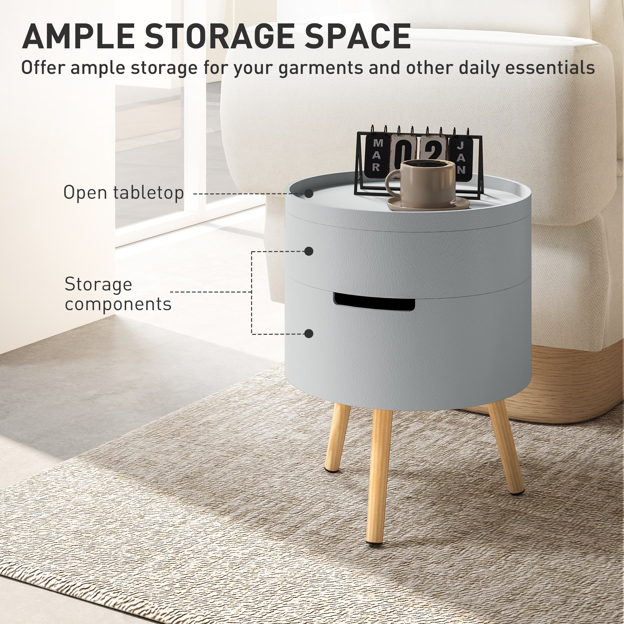 HOMCOM 3-Tier Coffee Table, Round End Table with 2 Hidden Compartments and Detachable Tray, Side Table with Storage for Living Room, Grey