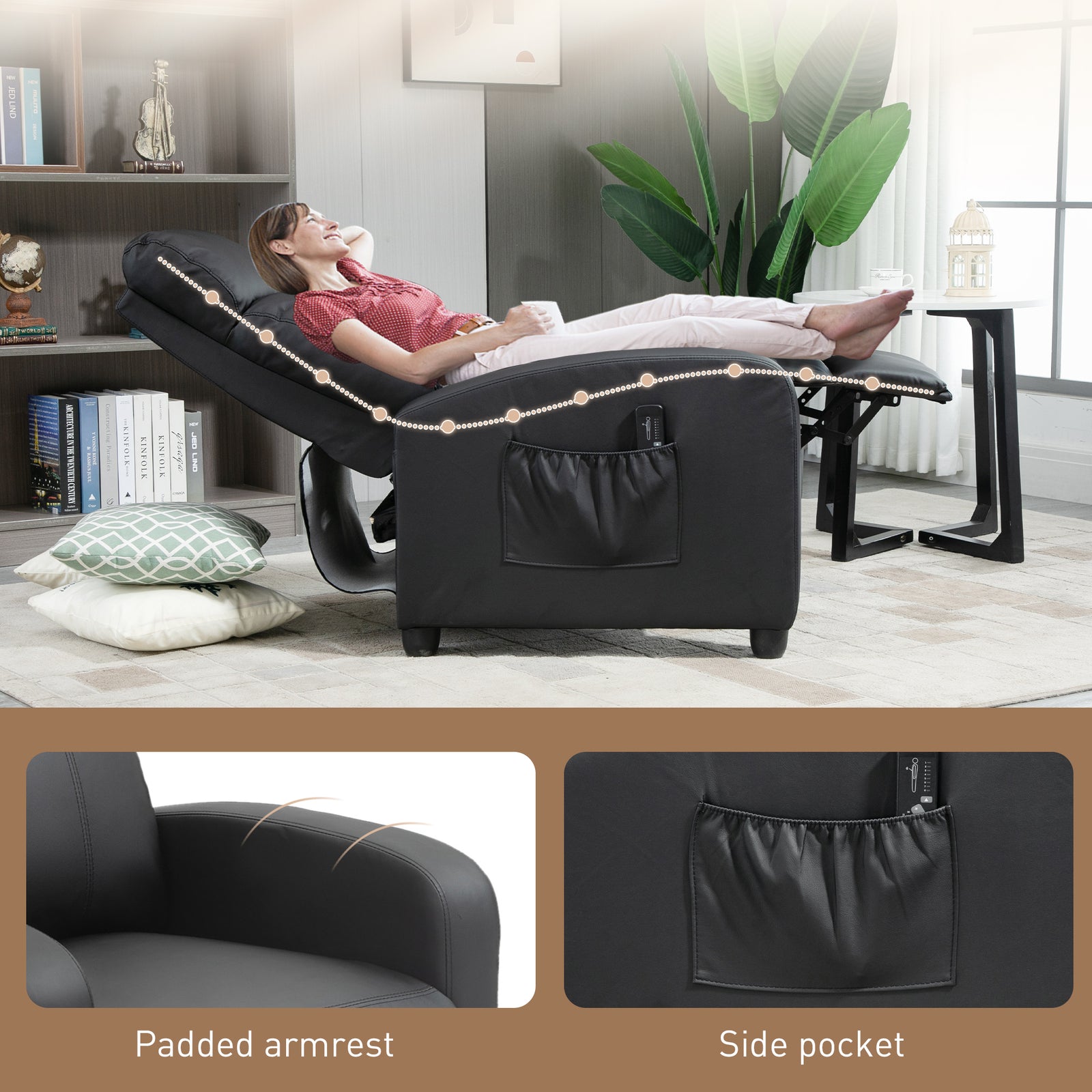 HOMCOM Massage Recliner Armchair with 150° Recline, Faux Leather, Side Pocket, Black