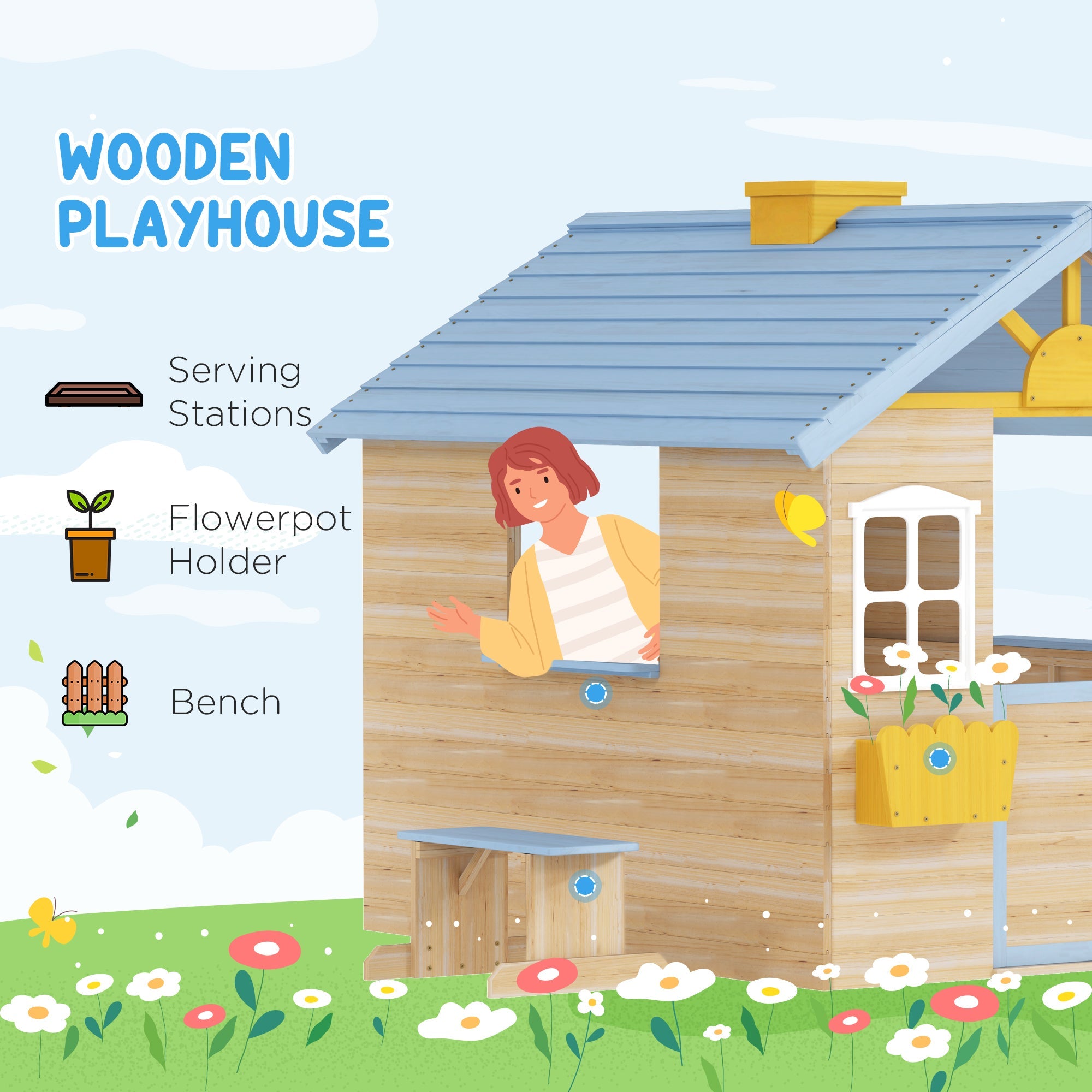 Outsunny Wooden Playhouse, Wendy House w/ Door, Bench, Flowerpot Holder, For Ages 3-7 Years, Blue