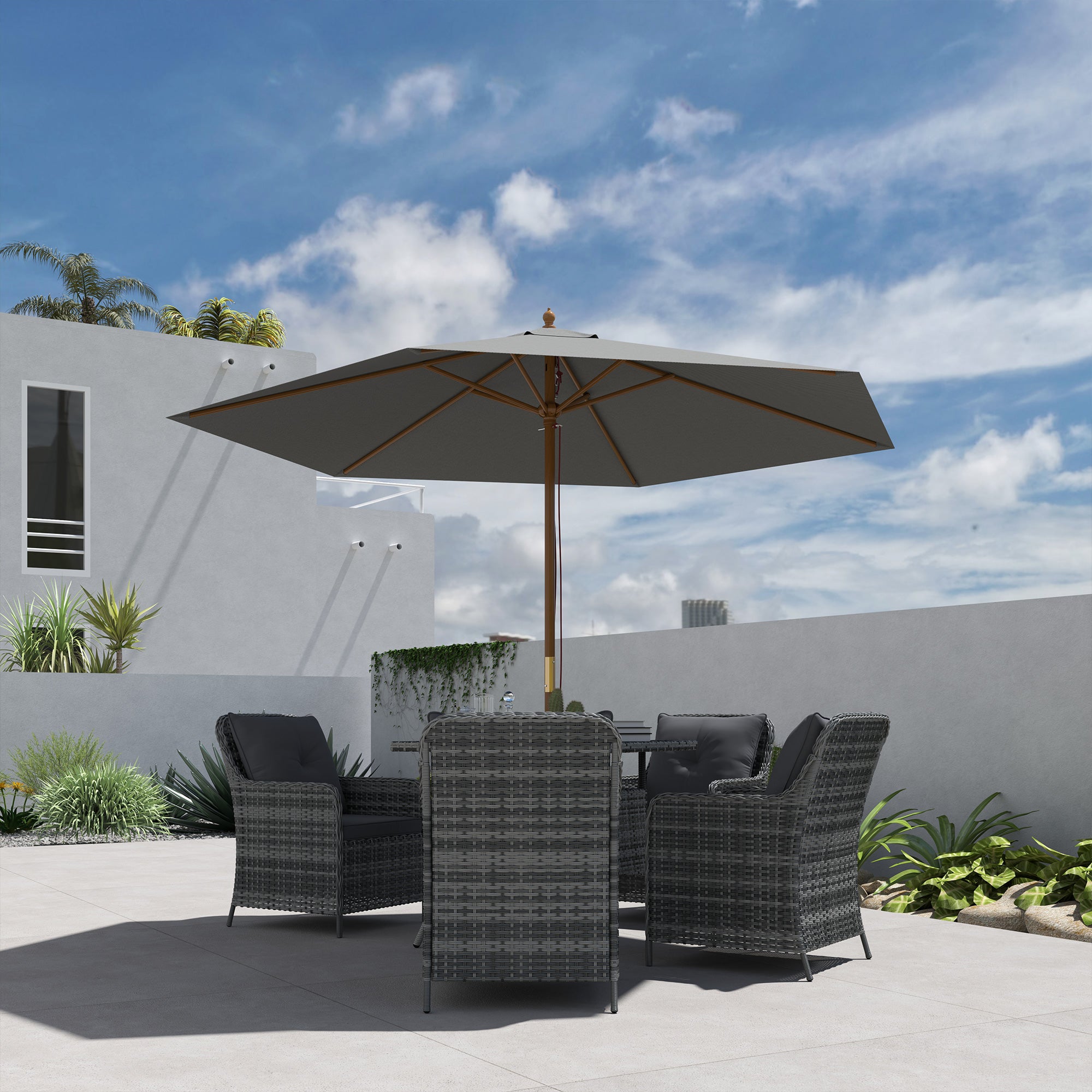 Outsunny 2.5m Wood Garden Parasol Sun Shade Patio Outdoor Wooden Umbrella Canopy, Table Market Umbrella with Vent, 38mm Pole, Rope Pulley Mechanism, Light Grey