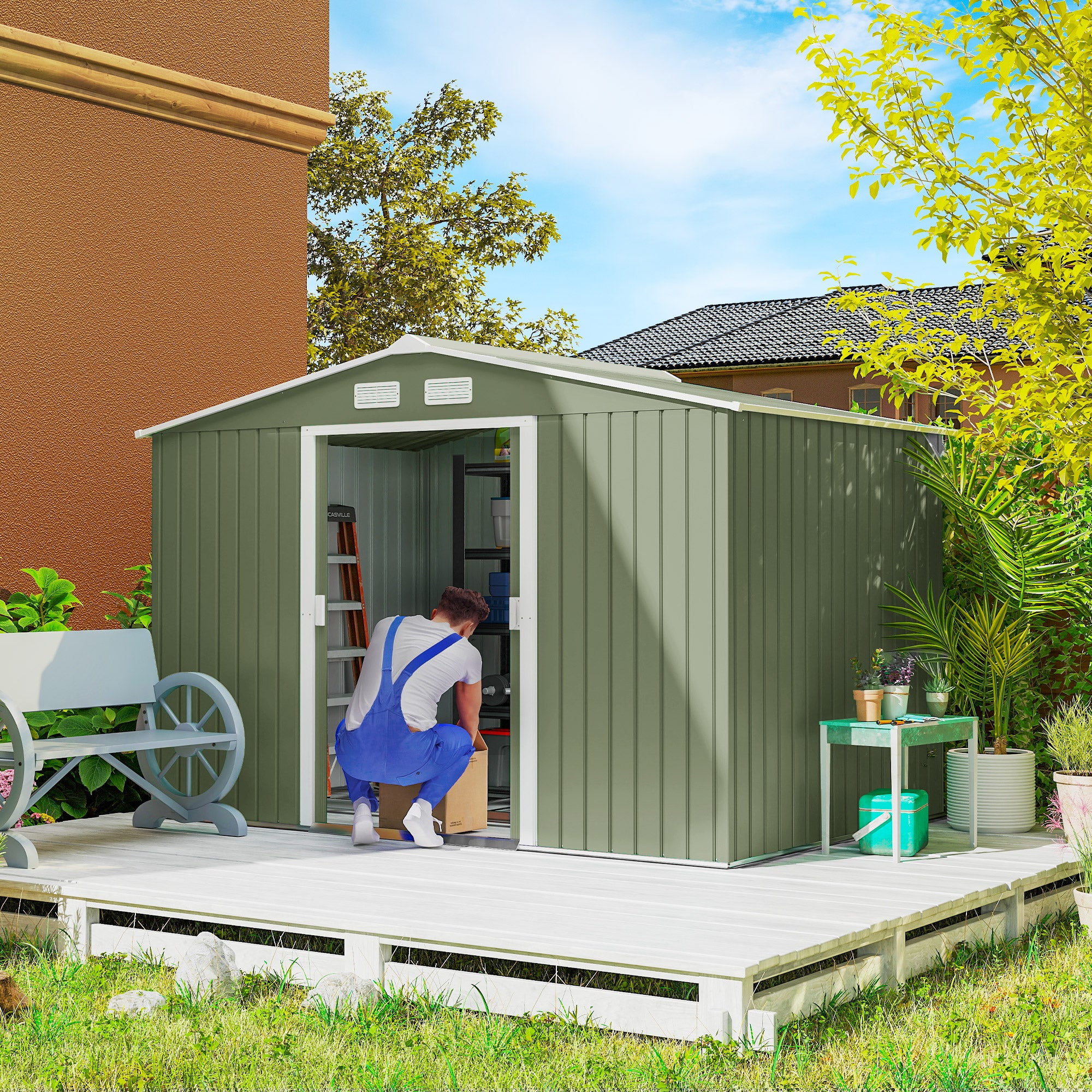 Outsunny 9 x 6ft Metal Garden Shed, Outdoor Storage Tool House with Ventilation Slots, Foundation Kit and Lockable Double Doors, Light Green