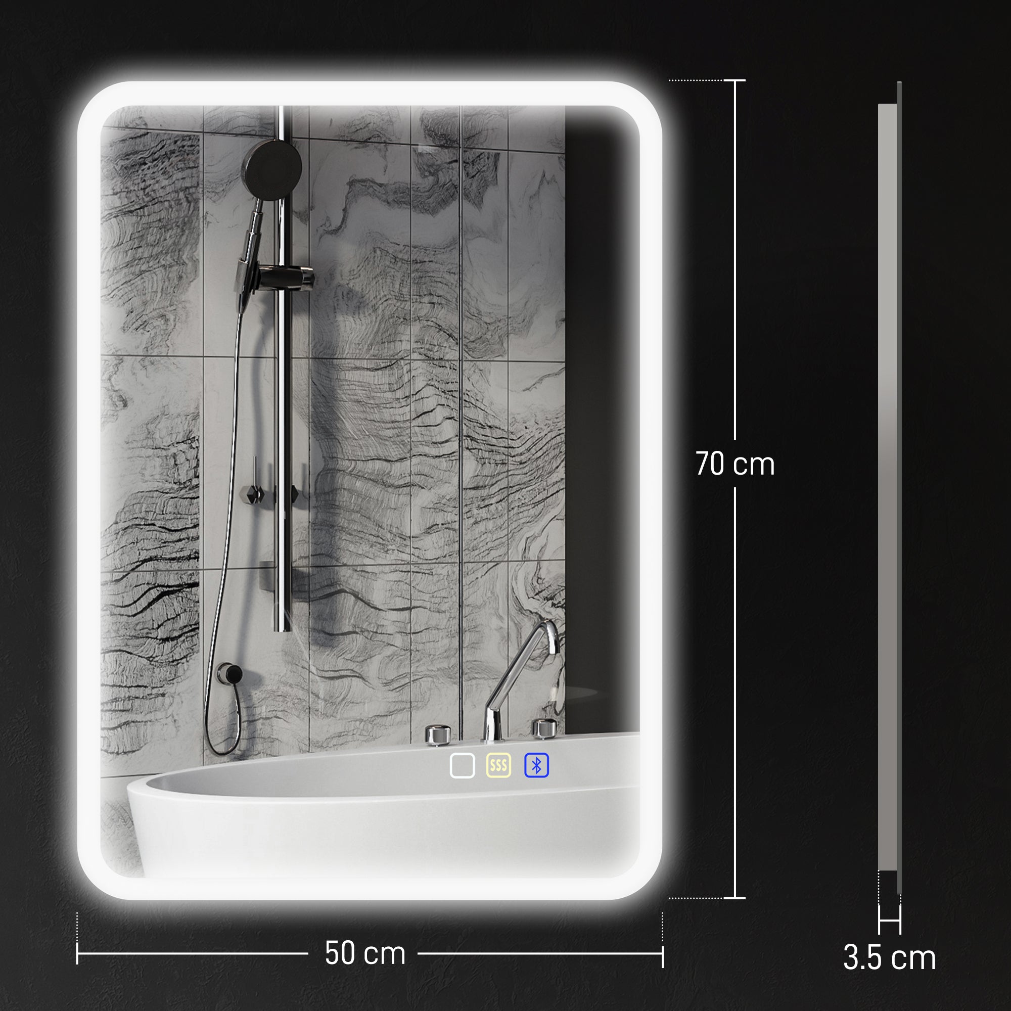 HOMCOM 70 x 50cm LED Bathroom Mirror, with Bluetooth - Silver Tone