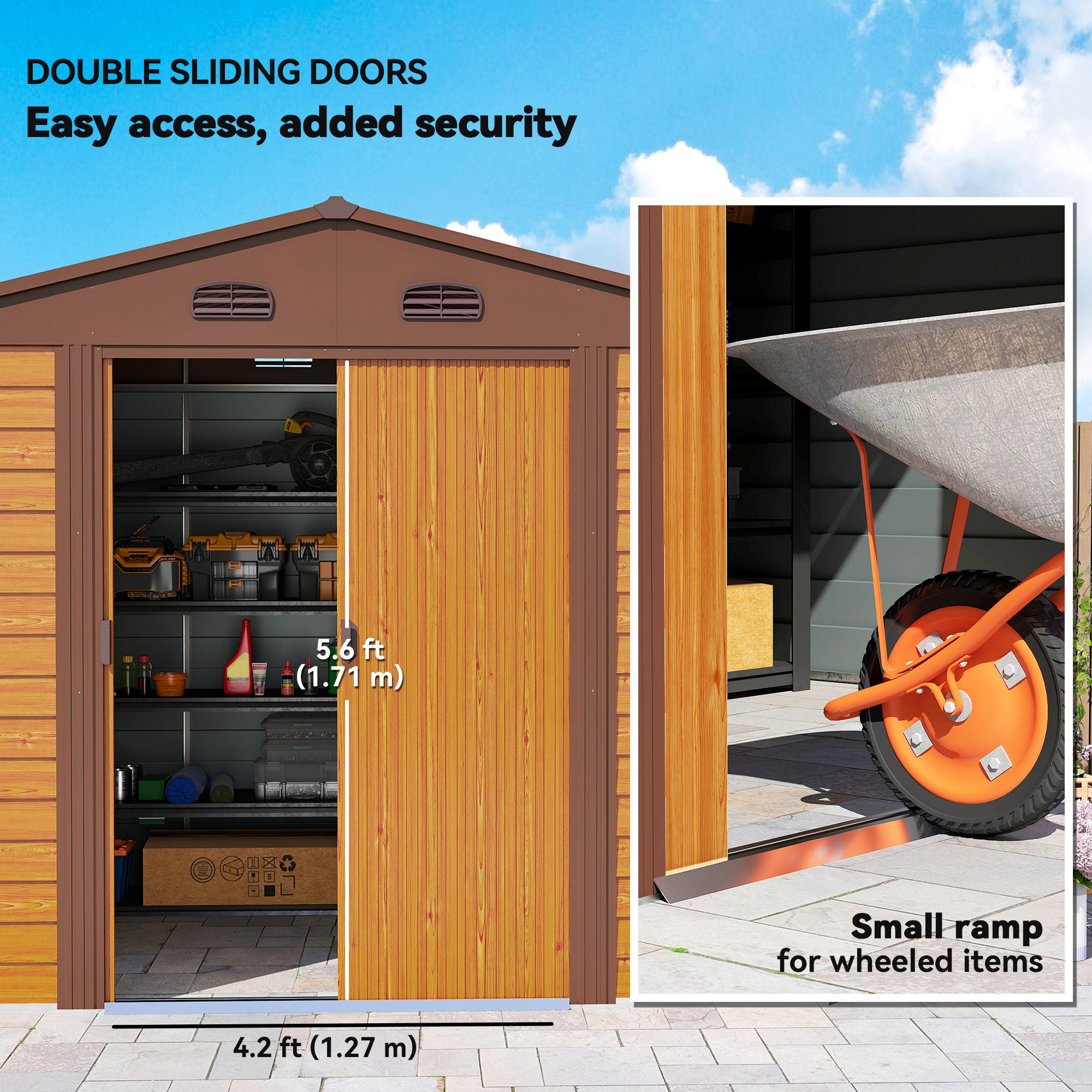 Outsunny 9 x 6ft Metal Garden Shed, House Hut Gardening Tool Storage with Ventilations, Sliding Door, Sloped Roof for Garden, Patio, Brown