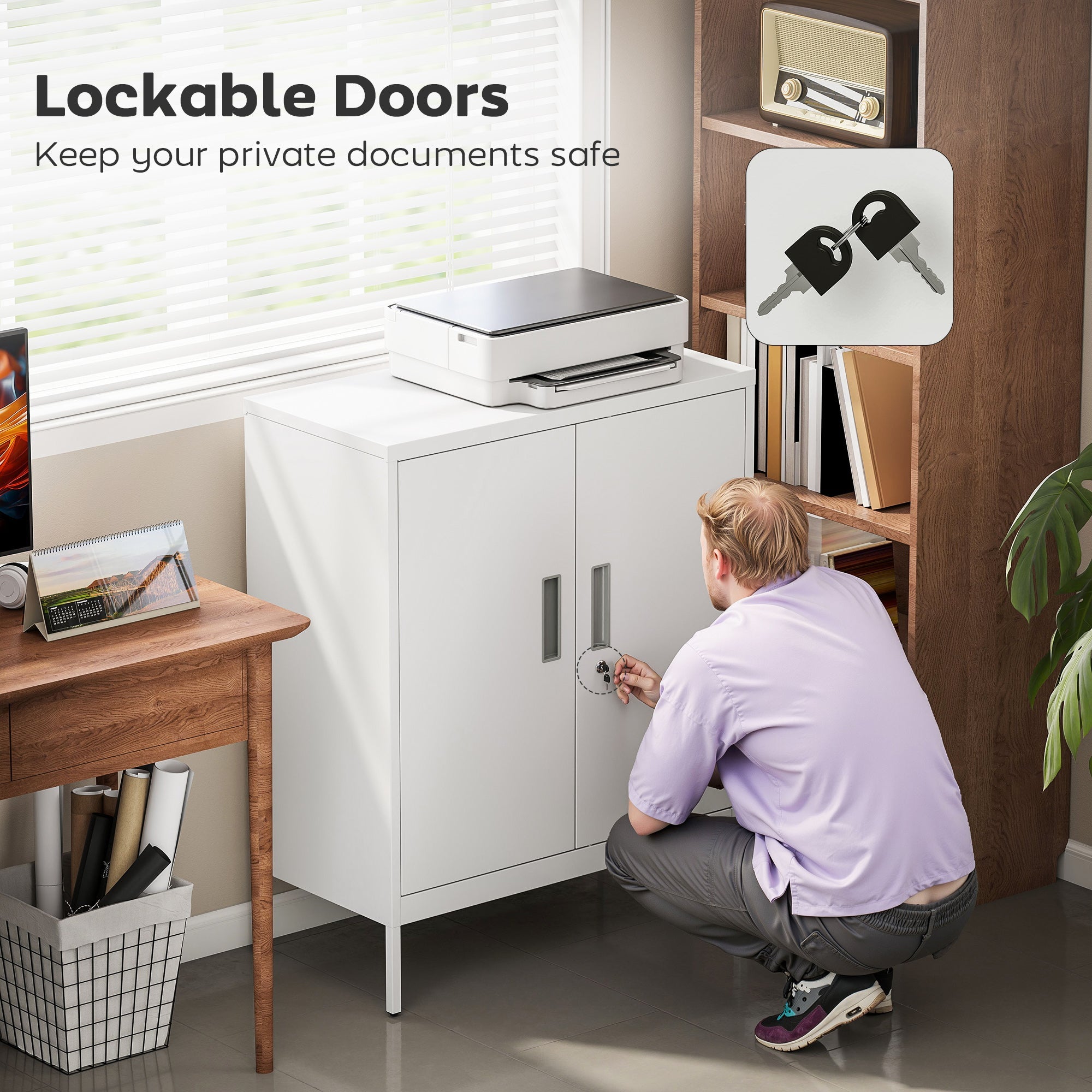HOMCOM Metal Storage Cabinet with Lock and Adjustable Shelves - White
