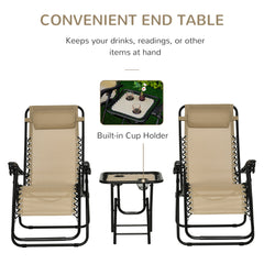 Outsunny Folding Zero Gravity Chairs, 3 Pieces Adjustable Sun Lounger and Table Set with Cup Holder and Headrest, Patio Bistro Set with Reclining Garden Chairs for Outdoor, Beige