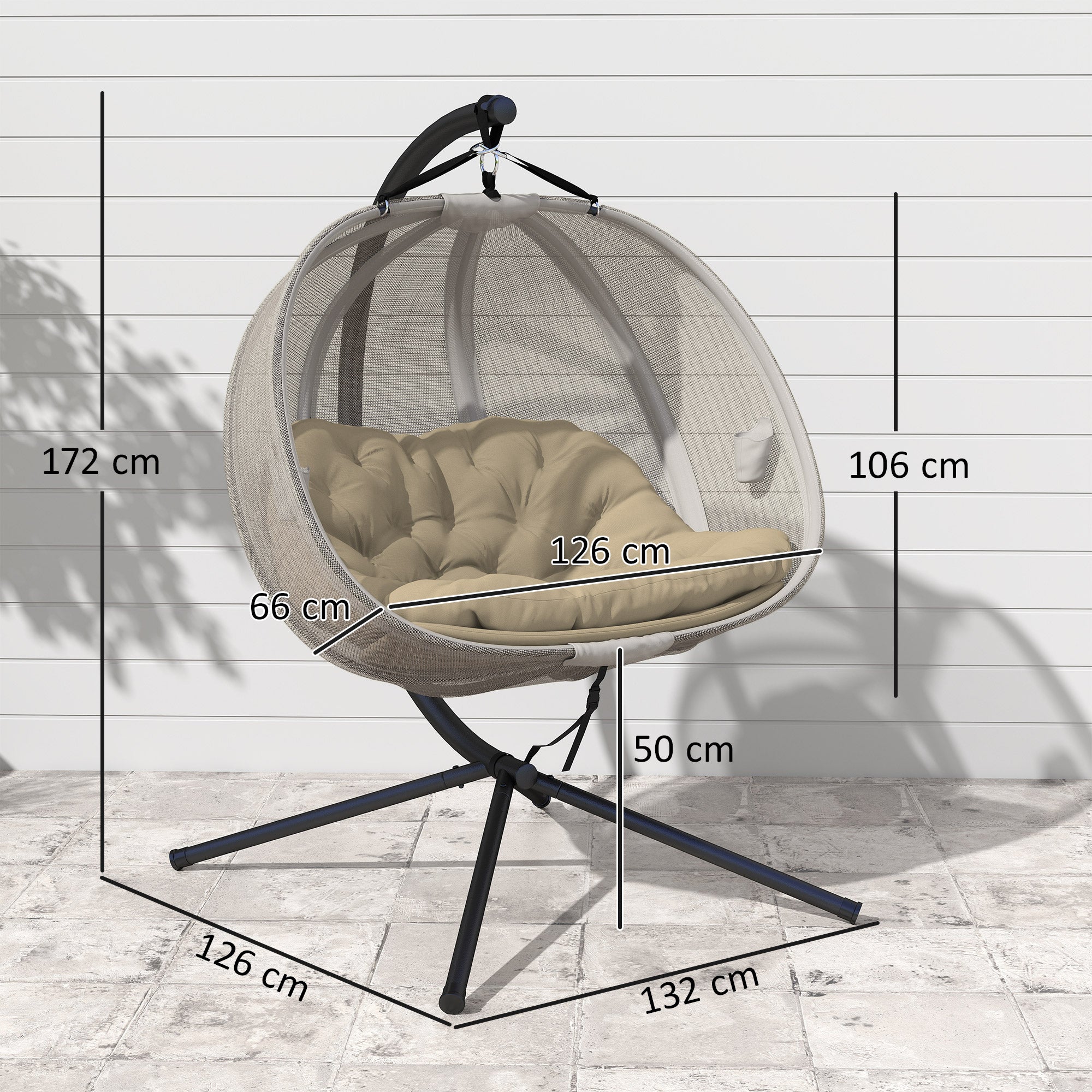 Outsunny Double Hanging Egg Chair 2 Seaters Texteline Swing Hammock Chair with Stand, Cushion and Folding Design, for Indoor and Outdoor, Brown