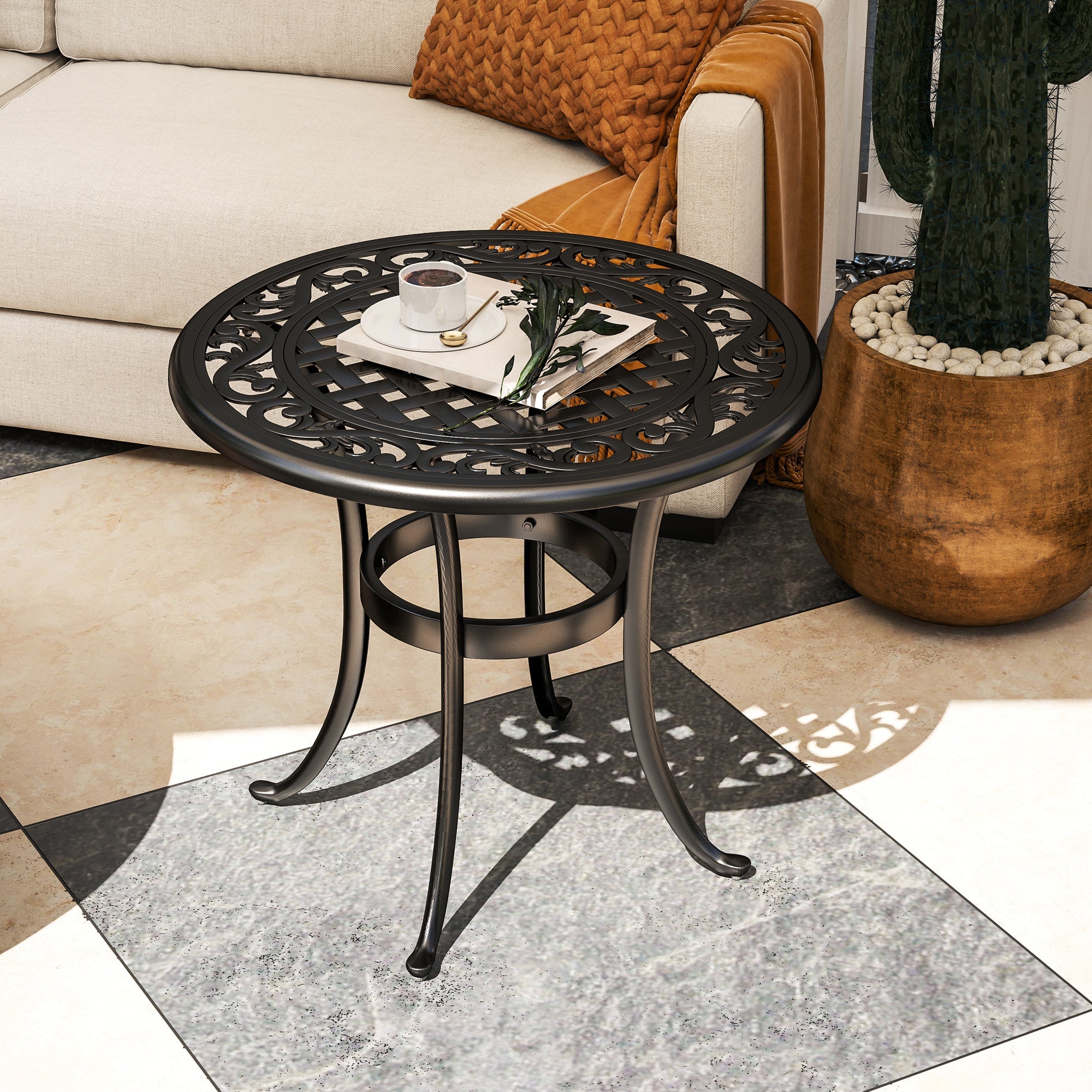 Outsunny Outdoor Garden Table, Cast Aluminium Patio End Table with Anti-slip Foot Pads for Garden, Patio, Balcony, 60 x 52.5cm, Black