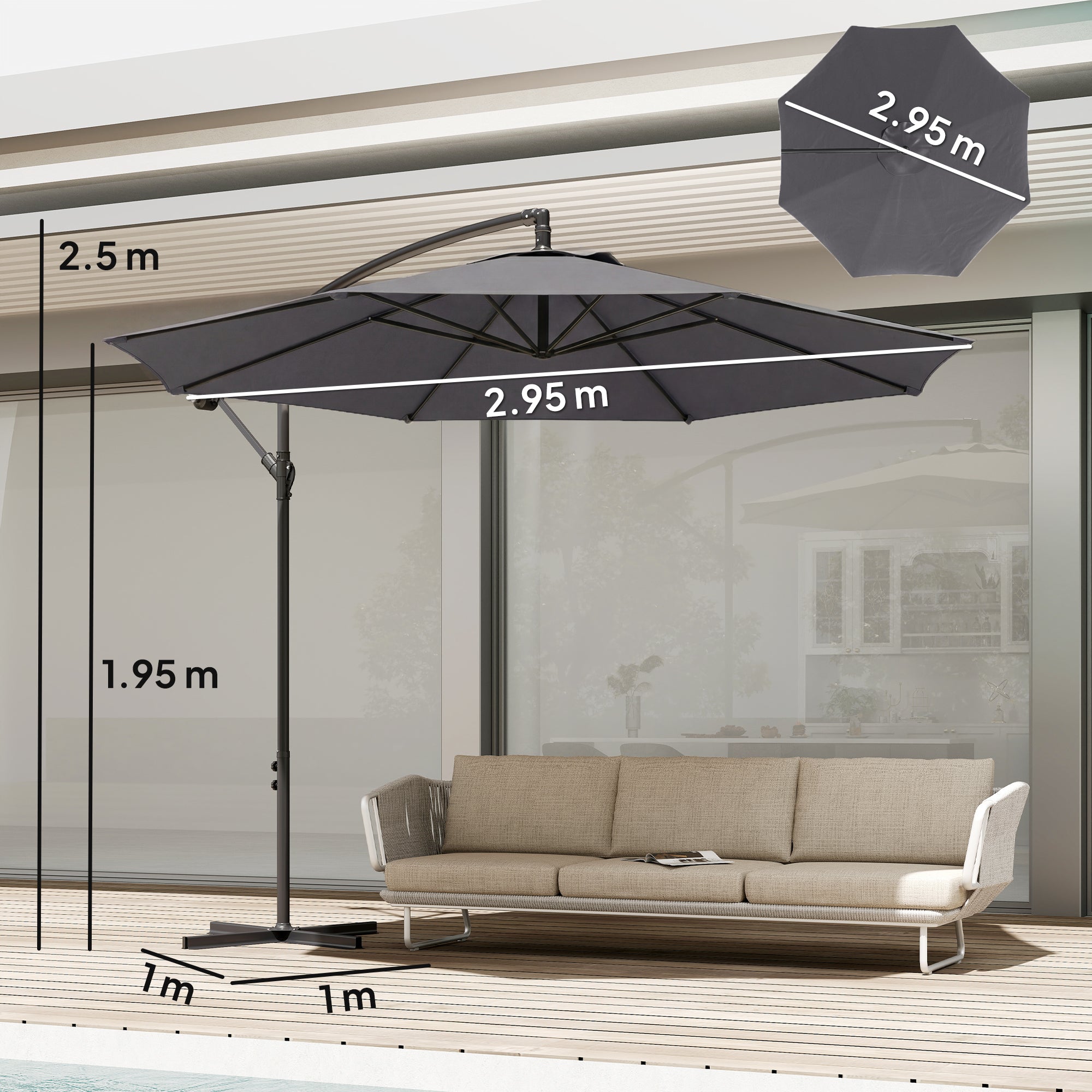 Outsunny 3 m Overhanging Cantilever Parasol, with Cross Base - Grey