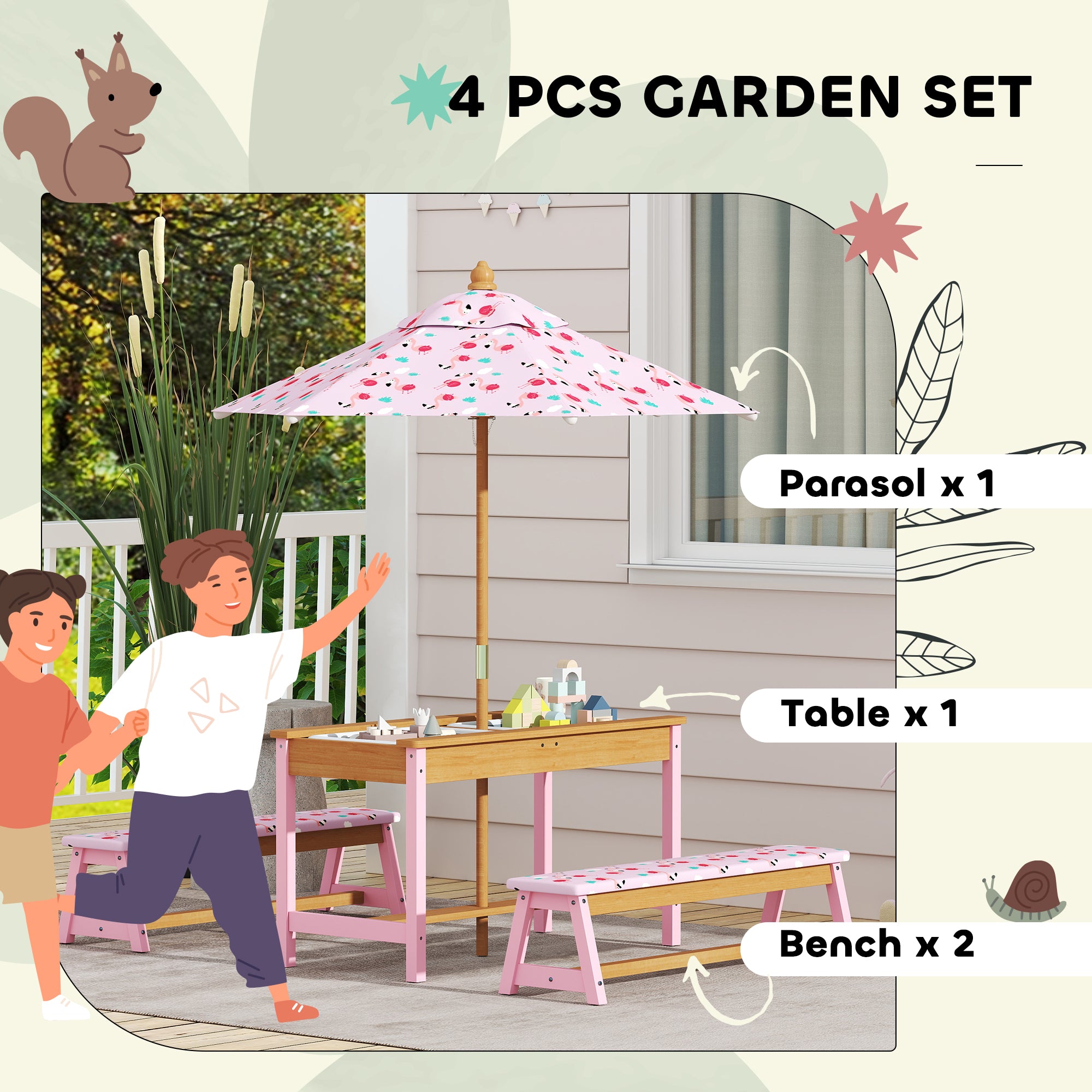 AIYAPLAY Kids Picnic Table Set with Removable & Foldable Umbrella, Cushions, Storage Boxes, Flamingo Theme, Pink