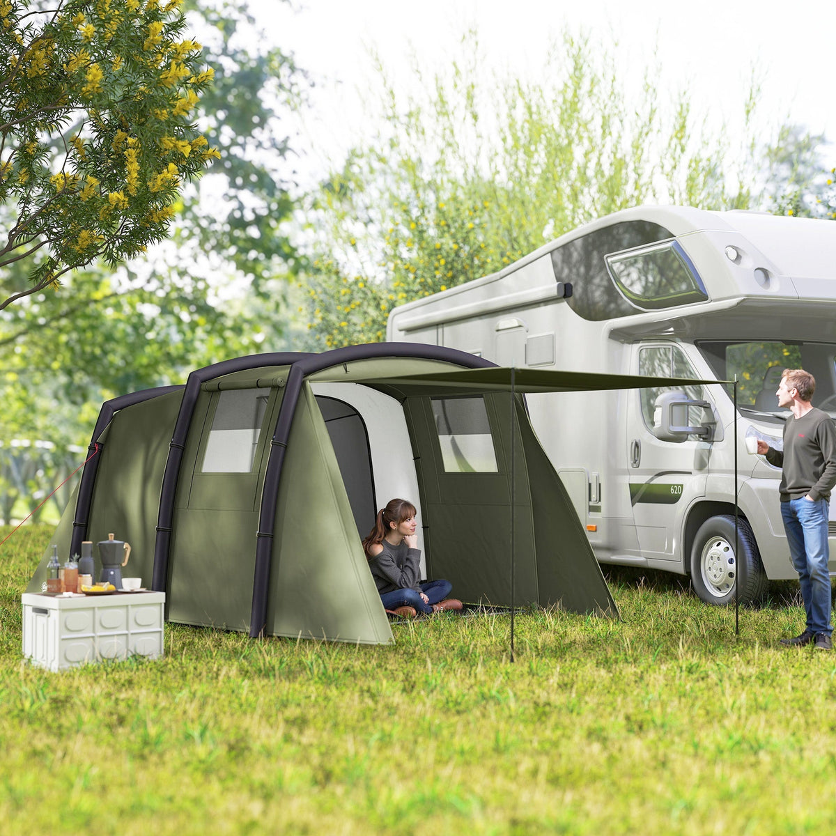 Outsunny Inflatable 3-4 Man Tunnel Tent w/ Air Pump, Living Area & Vestibule, Waterproof Family Camping Air Tent w/ Sewn In Groundsheet & Removable Footprint for Camping, Hiking, Olive Green