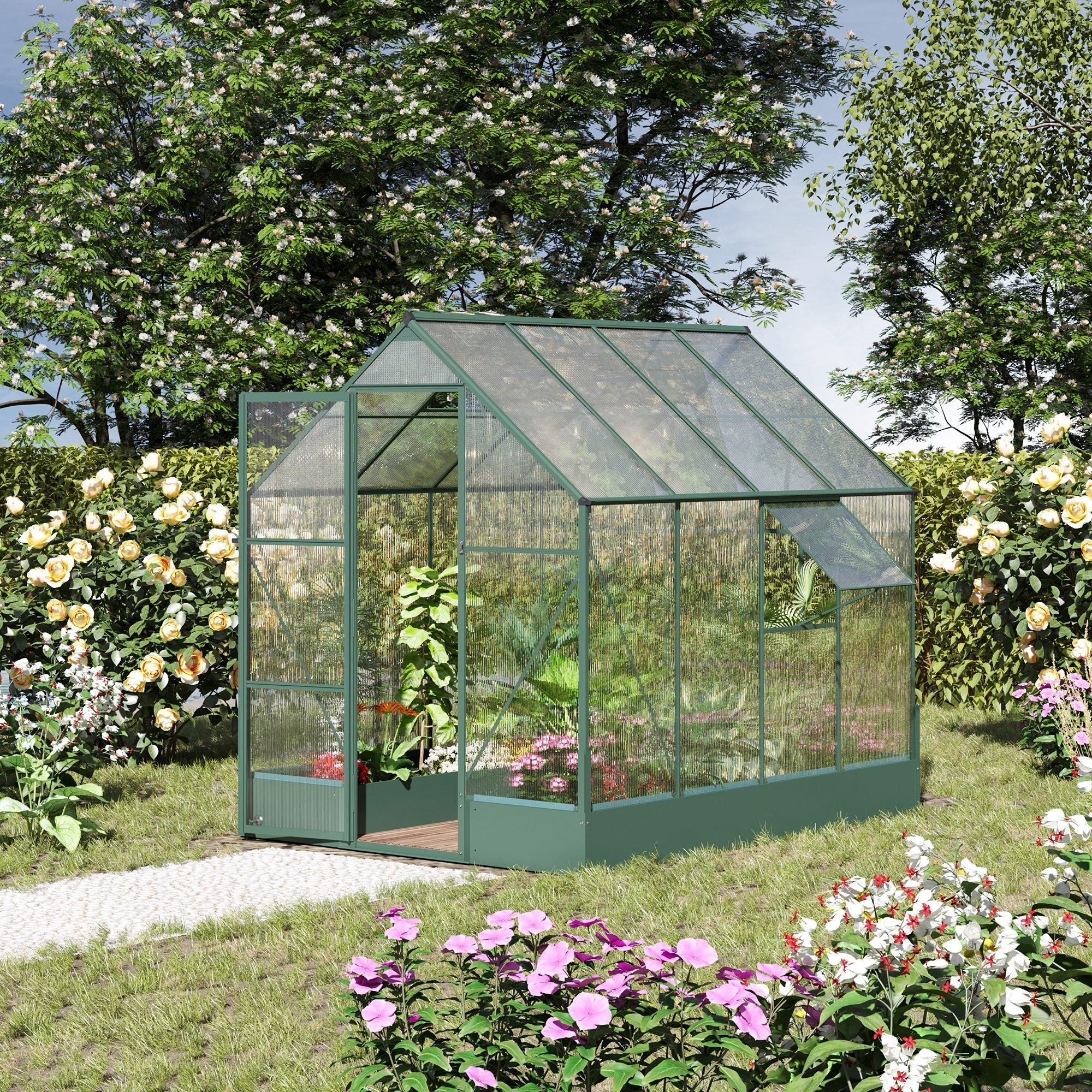 Outsunny 6x8 FT Polycarbonate Greenhouse with Base and Raised Bed, Walk-in Greenhouse with Aluminium Frame, Temperature Controlled Window, Foundation for Plants, Flowers, Vegetable