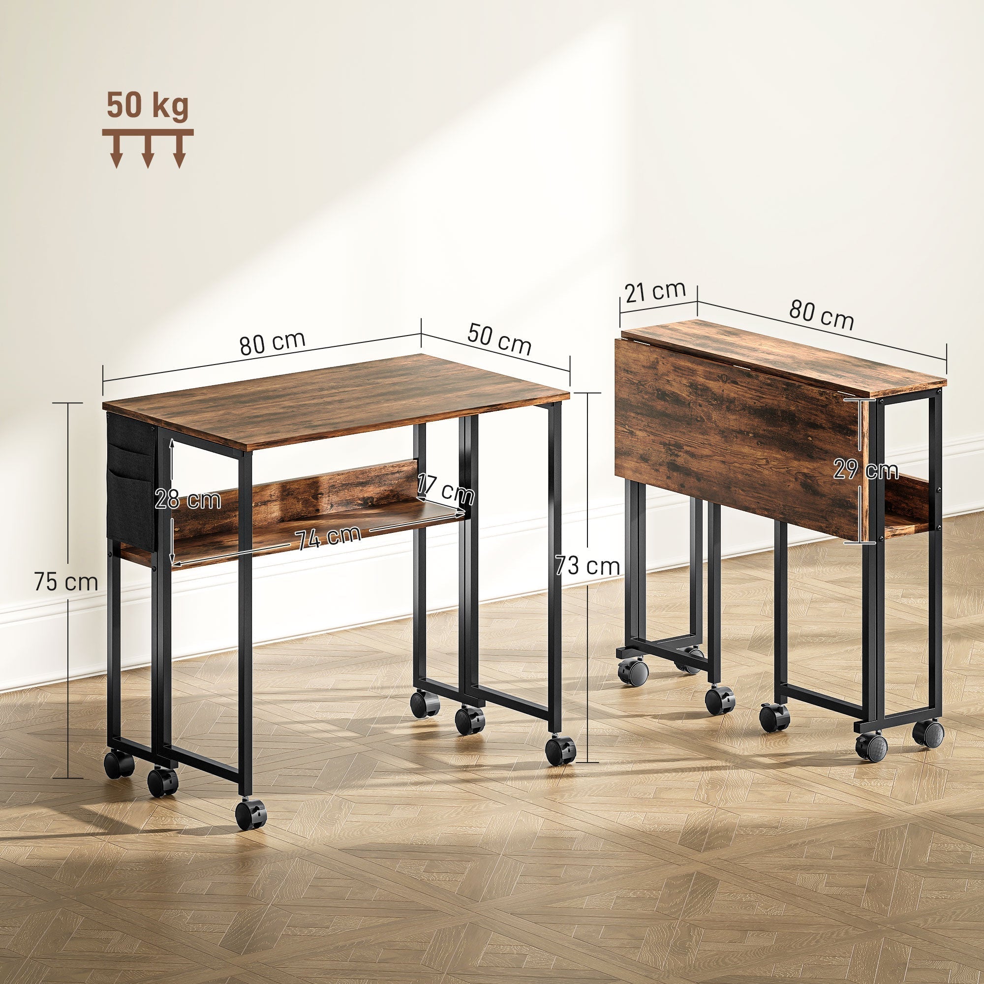 HOMCOM 80 cm Drop Leaf Writing Work Desk - Rustic Brown