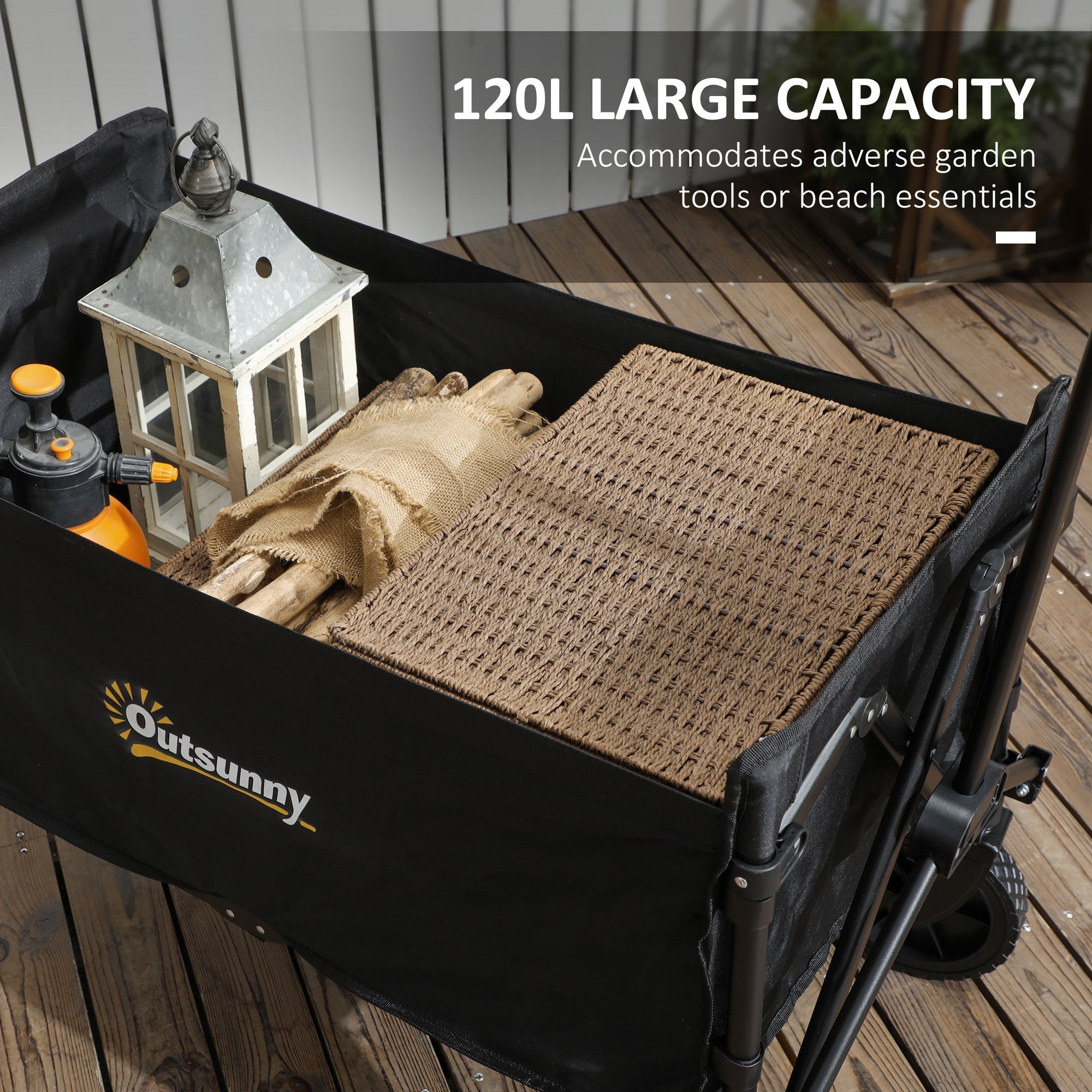 Outsunny 120L Festival Trolley on Wheels, Folding & Compact Camping Trolley Cart with Adjustable Handle for Garden, Beach, Fishing, Black